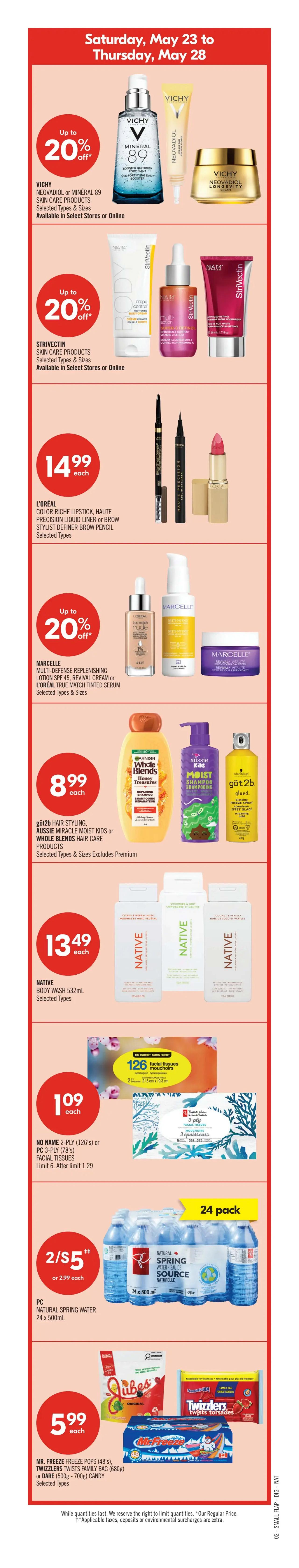 Shoppers Drug Mart flyer page 5 features 'Red Hot Deals' from Saturday, May 23 to Thursday, May 28. Promotions include Jamieson Natural Health Products up to 40% off, Advil Ibuprofen Pain Relief Products for $17.99, and CeraVe or Eucerin Skin Care Products up to 20% off. Also featured are Coca-Cola beverages 18 x 355mL for $9.99, Grin Double Flossers for $4.99, and Avène, Ducray, Klorane Skin or Hair Care Products up to 25% off. Preference or Féria Hair Colour is $13.99, PC Bathroom Tissue 9 Roll is $6.99, and No Name Butter 454g is $4.99. In the 'Live well, save often' section, Pampers Super Boxed Diapers are $26.99, Tena Incontinence Products are $17.99, Maybelline New York makeup is $10.99, and Nivea or Olay Whip or Regenerist Facial Moisturizers are up to 25% off. Life Brand Vitamins are up to 40% off, Aerius Allergy Relief Products are $26.99, La Roche-Posay Skin Care is up to 15% off, and Vichy Skin Care Products are up to 25% off. Other deals include Silk'n Hair Removal Devices, Red Bull Energy Drink for $8.99, and Quaker Oats Rice Krispies or Kids Cereal for $3.99. Band-Aid Advanced or Kids Bandages are up to 20% off, Colgate Toothpaste is $3.49, and Old Spice Body Wash is $7.99. Hello Natural Stick is $7.99, Vita Coco Coconut Water is 2 for $6, and Alcan Aluminum Foil is $5.99. New deals include Kotex Liners or Huggies for $8.99, Q-Tips Cotton Swabs or Water Wipes for $5.49, Dove Antiperspirant/Deodorant for $5.99, and Schick Hydro Silk Disposable Razors are up to 20% off. Air Wick Air Freshener is also on sale. Finally, Gain Fabric Softener and Laundry Detergent are available with a 'Buy 2 Get 2000 points' offer, plus $2 value.