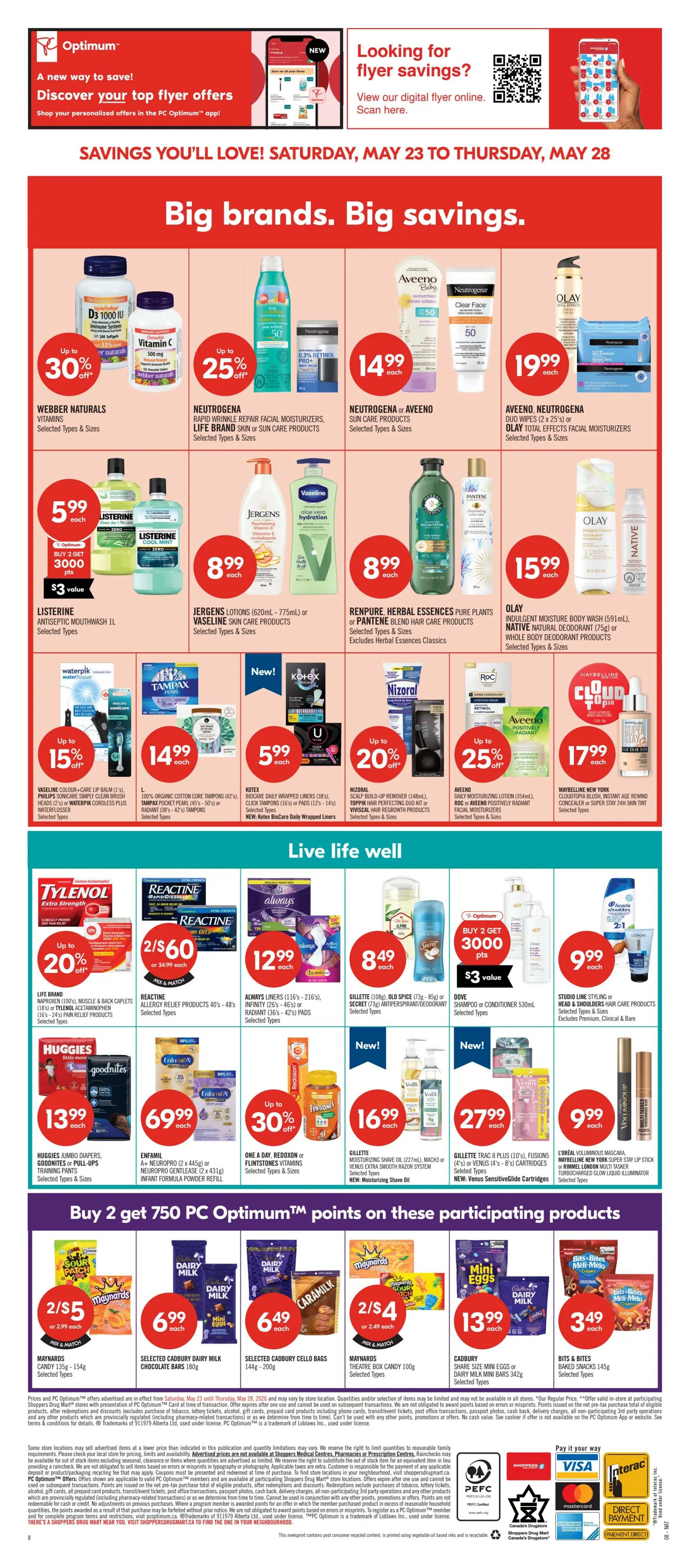 Shoppers Drug Mart flyer page 19 featuring 'Big brands. Big savings.' and 'Live well life.' sections. Offers include Webber Naturals Vitamins up to 30% off, Neutrogena Rapid Wrinkle Repair Facial Moisturizers, Life Brand Skin or Sun Care Products up to 25% off, Neutrogena or Aveeno Sun Care Products for $14.99 each, Aveeno or Neutrogena Duo Effects Facial Moisturizers and Olay Total Effects Facial Moisturizers for $19.99 each. Also featured are Listerine Antiseptic Mouthwash 1L for $5.99, Jergens Lotions (620mL - 775mL) or Vaseline Skin Care Products for $8.99 each, and Renpure, Herbal Essences Pure Plants or Pantene Blend Hair Care Products for $8.99 each. Waterpik, Philips Sonicare, and Oral-B toothbrushes and water flossers are up to 15% off. L. 100% Organic Cotton Core Tampons (42's) or Tampax Pocket Pearl Tampons (40's - 50's) are $14.99 each. Kotex Biocare Daily Wrapped Liners (38's) or Click Tampons (16's - 24's) or Pads (12's - 14's) are $5.99 each. Nizoral Scalp Build-Up Remover (148mL) or Viviscal Hair Regrowth Products are up to 20% off. Aveeno Daily Moisturizing Lotion (354mL) or Aveeno Positively Radiant Facial Moisturizers are up to 25% off. Maybelline New York Cloud Paint Blush, Instant Age Rewind Concealer or Super Stay 24H Skin Tint are $17.99 each. Life Brand Tylenol, Acetaminophen or Ibuprofen products are up to 20% off. Reactine Allergy Relief Products are 2 for $60 or $34.99 each. Always Liners (116's - 216's), Infinity (26's - 46's) or Radiant (36's - 42's) Pads are $12.99 each. Gillette Old Spice (73g - 85g) or Secret Antiperspirant/Deodorant are $8.49 each. Studio Line Styling or Head & Shoulders Hair Care Products are $9.99 each. Huggies Jumbo Diapers, Goodnites or Pull-Ups Training Pants are $13.99 each. Enfamil A+ Neuropro or Gentlease formula is $69.99 each. One A Day, Reduxin or Flintstones Vitamins are up to 30% off. Gillette Moisturizing Shave Oil or Venus Extra Smooth Razor System are $16.99 each. Gillette Trac II Plus Fusions or Venus Cartridges are $27.99 each. L'Oréal Voluminous Mascara or Super Stay Lip Stick are $9.99 each. The flyer also highlights 'Buy 2 get 750 PC Optimum Points on these participating products' including Maynards theatre box candy for 2/$4, selected Cadbury Dairy Milk Chocolate Bars for $6.99 each, selected Cadbury Cello Bags for $6.49 each, and Cadbury Share Size Mini Eggs or Dairy Milk Mini Bars for $13.99 each. Bits & Bites Bakes Snacks are $3.49 each.