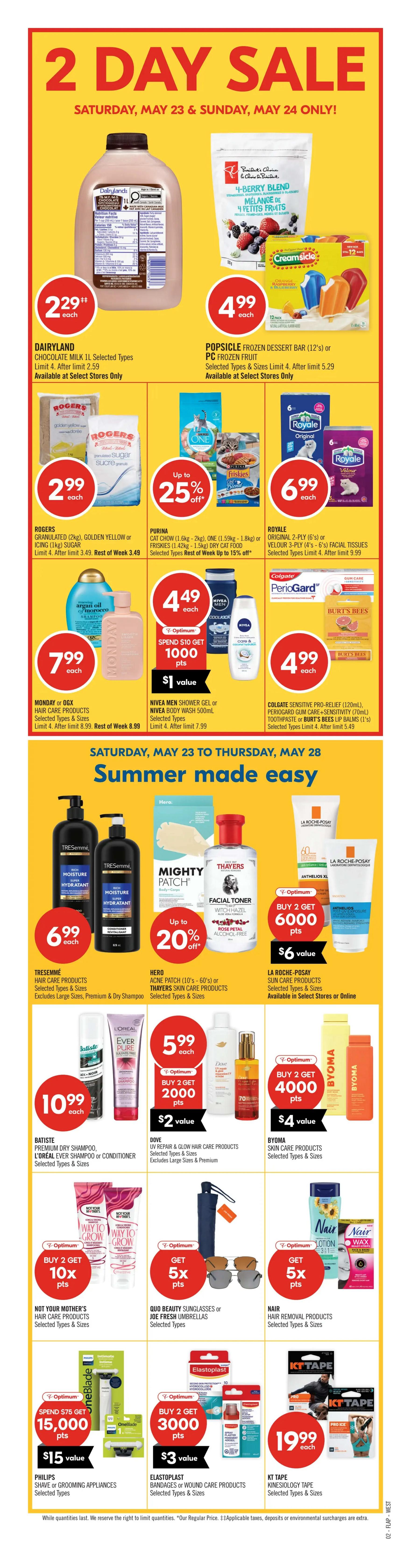 Shoppers Drug Mart flyer page 3, valid May 23 to May 28. Features 'Big brands. Big savings.' with various deals. Up to 20% off Sun Bum, Ombrelle, or Naked Sundays sun care products. Up to 25% off Bioderma or Jouviance skin care products. Up to 25% off Garnier Micellar Water (400mL), Pump Cleansers (250mL), or L'Oréal Revitalift Facial Moisturizers. Up to 25% off Crest 3D White Professional Effects Whitestrips (20's), Oral-B iO Rechargeable Toothbrush, or Listerine Total Care Mouthwash (1.5L). Life Brand Dental Flossers (150's), Crest 3D White Advanced Toothpaste (70mL), or Oral-B Glide Floss (40m) are $3.99 each. Natural Instincts Hair Colour, Tresemmé Root Touch-Up, or Essie Gel Couture Nail Enamel are $9.99 each. Downy Fabric Softener (2.63L), Bounce Sheets (120's - 200's), or Tide Laundry Detergent Pods are $9.99 each. Buy 2 selected Off! Deep Woods, Active or Botanicals Personal Insect Repellent and get 4000 Optimum points. While quantities last. We reserve the right to limit quantities. 'Our Regular Price' is mentioned.