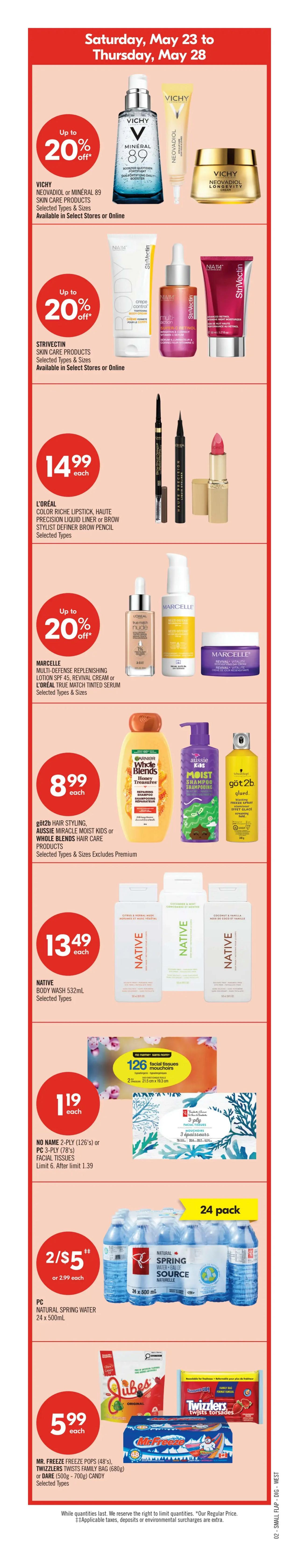 Shoppers Drug Mart flyer page 5 featuring 'Red Hot Deals' from Saturday, May 23 to Thursday, May 28, 2026. Top banner includes 'Become a points millionaire' with Optimum App, and 'Family & Friends Event' offering 20% off almost all regular priced merchandise. Seniors' Bonus Day offers a 20% savings plus a $10 Bonus Card with a PC Optimum card or app purchase. Featured 'Red Hot Deals' include Jamieson Natural Health Products up to 40% off, Advil Ibuprofen Pain Relief Products for $17.99 each, and Cerave or Eucerin Skin Care Products at 20% off. Other deals include Sensodyne Toothpaste (75mL - 100mL) or Grin Double Flossers for $4.99 each, Avène, Ducray, Klorane Skin or Hair Care Products at 25% off, and Preference or Féria Hair Colour for $13.99 each. PC Bathroom Tissue (9 Roll - 12 Roll) is $7.99 each. 'Live well, save often' section features Pampers Super Boxed Diapers or Easy-Ups Training Pants for $26.99, TENA Incontinence Products for $17.99, and Maybelline New York Fit Me Foundation, Lash Sensational Mascara or Covergirl Outlast Lipstick for $10.99. Nivea Q10, Olay Whip or Regenerist Facial Moisturizers are 25% off. 'Looking good, feeling great' section includes Silk'n Hair Removal Devices at 15% off, Vichy Normaderm or Capital Soleil Skin Care Products at 25% off. 'Save on all your faves' section has Doritos Tortilla Chips or Cheetos Snacks at 2 for $5.50, Quaker Life, Kellogg's Rice Krispies or Kids Cereal for $3.99 each, and Red Bull (4 x 250mL) or Monster Energy Drink for $8.99 each. Maxwell House Instant Coffee is $6.99 each. Also featured are Life Brand Antibacterial Mouthwash or Vitamin Products up to 40% off, Aerius Allergy Relief Products for $26.99, Old Spice Body Wash for $7.99, Gillette Clinical Gel or Old Spice Antiperspirant/Deodorant for $7.99, Hello Natural Stick for $7.99, and Vita Coco Coconut Water for 2 for $6. Alcan Aluminum Foil or Lysol Disinfecting Wipes for $5.99. Band-Aid Advanced or Kids Bandages are 20% off. Crest Complete Toothpaste or Colgate Optic White Toothpaste for $3.49. New items include Kotex Liners or Tampons for $8.99, Q-Tips Cotton Swabs or Waterwipes for $5.49, Dove Antiperspirant/Deodorant or Olay Bar Soap for $5.99. Schick Hydro Silk Disposable Razors or Air Freshener or Finish Dishwasher Detergent Products are 20% off. Gain Sheets or Laundry Detergent are Buy 2 Get 2000 Optimum Points, valued at $2.