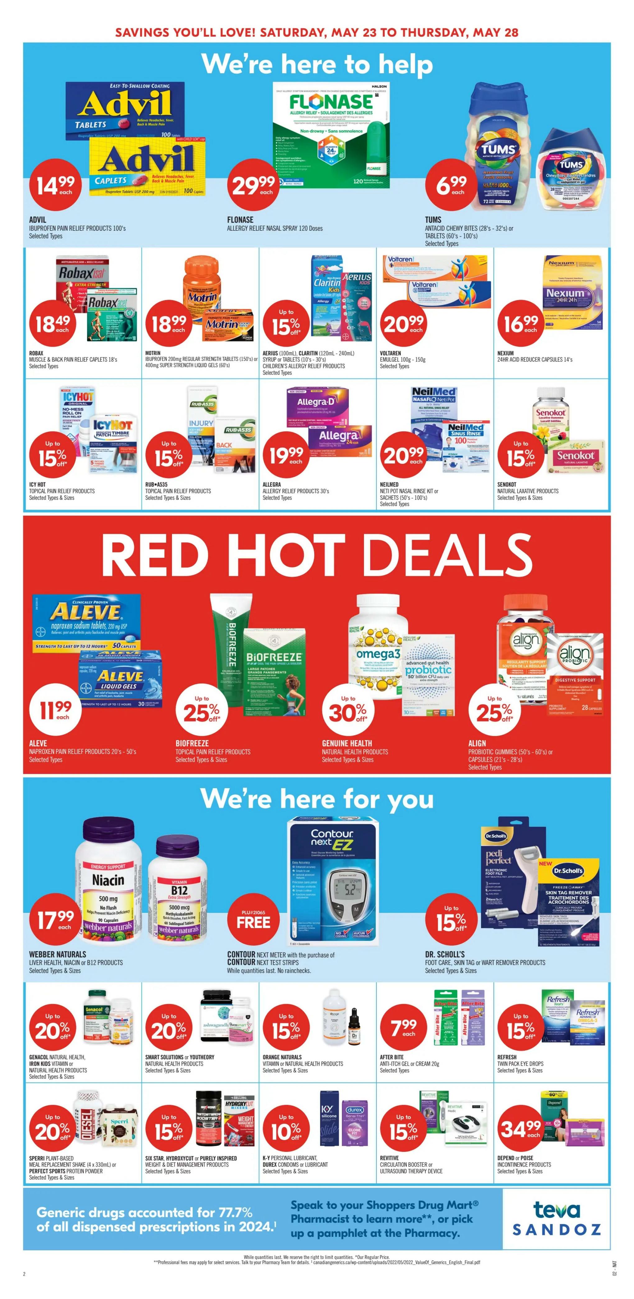 Shoppers Drug Mart flyer page 6 featuring a wide selection of health and wellness products. Top section highlights Advil tablets for $14.99, Flonase allergy relief nasal spray for $29.99, and Tums chewables for $6.99. Other featured items include Robax muscle & back pain relief caplets for $18.49, Motrin ibuprofen tablets for $18.99, Aerius allergy relief products with up to 15% off, Voltaren emulgel for $20.99, and Nexium acid reducer capsules for $16.99. Also available are Icy Hot topical pain relief products with up to 15% off, Rub-A535 topical pain relief products with up to 15% off, Allegra allergy relief products for $19.99, and NeilMed nasal rinse kits for $20.99. Senokot natural laxative products are on sale with up to 15% off. The 'Red Hot Deals' section includes Aleve naproxen sodium tablets and liquid gels for $11.99, Biofreeze topical pain relief products with up to 25% off, Genuine Health omega3 probiotic for up to 30% off, and Align probiotic gummies or capsules with up to 25% off. Further down, Webber Naturals liver health, niacin, or B12 products are $17.99. Get a FREE Contour Next EZ meter with the purchase of Contour Next test strips. Dr. Scholl's foot care, skin tag or wart remover products are up to 15% off. Additional offers include Genacol natural health products with up to 20% off, Smart Solutions or Youthology natural health products with up to 20% off, Orange Naturals vitamin or natural health products with up to 15% off, and After Bite anti-itch gel or cream for $7.99. Sperri plant-based meal replacement shake or Perfect Sports protein powder with up to 20% off, Six Star Hydroxycut or Purely Inspired weight & diet management products with up to 15% off, K-Y personal lubricant and Durex condoms or lubricant with up to 10% off, and Revitive circulation booster or ultrasound therapy device with up to 15% off. Depend or Poise incontinence products are $34.99. The page also includes information about generic drugs and speaking to a Shoppers Drug Mart pharmacist.