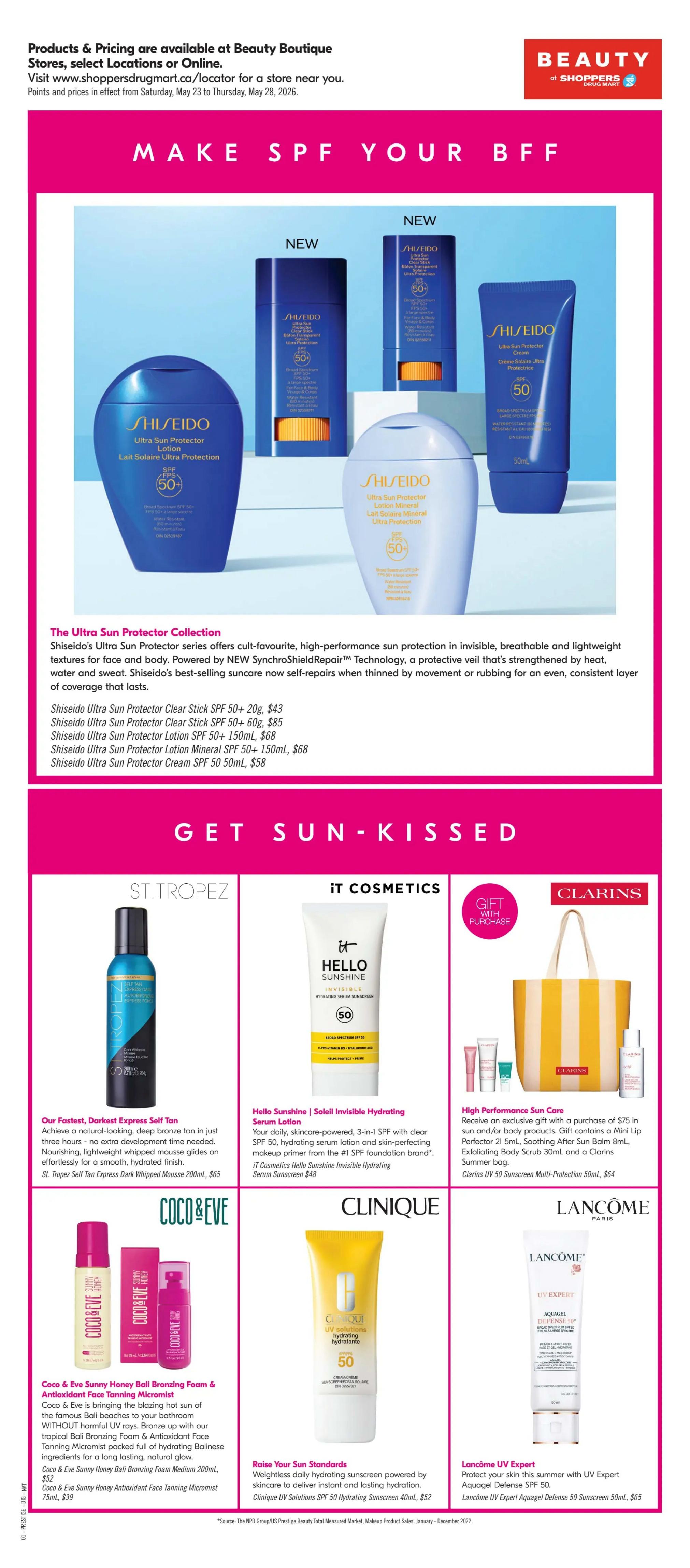 Shoppers Drug Mart Beauty Boutique page featuring sun protection products. The top section highlights the Shiseido Ultra Sun Protector Collection with various SPF 50 options including Clear Stick SPF 50 20g for $43, Clear Stick SPF 50 60g for $85, Lotion SPF 50+ 150mL for $68, Lotion Mineral SPF 50+ 150mL for $68, and Cream SPF 50 50mL for $58. The middle section, 'Get Sun-Kissed', showcases St. Tropez Self Tan Express Dark Whipped Mousse 200mL for $65. IT Cosmetics Hello Sunshine Invisible Hydrating Serum Sunscreen SPF 50 is available for $48. Clarins offers a Gift With Purchase for $75 or more on sun and/or body products, including a Mini Lip Perfector 5mL, Soothing After Sun Balm 8mL, Exfoliating Body Scrub 30mL, and a Clarins Summer bag. Clarins UV 50 Sunscreen Multi-Protection 50mL is priced at $64. The bottom section features Coco & Eve Sunny Honey Bali Bronzing Foam & Antioxidant Face Tanning Micromist, with the Bronzing Foam 200mL for $52 and the Face Tanning Micromist 75mL for $39. Clinique UV Solutions SPF 50 Hydrating Sunscreen 40mL is $52. Lancôme UV Expert Aquagel Defense SPF 50 is $50, and Lancôme UV Expert Aquagel Defense 50 Sunscreen 50mL is $65.