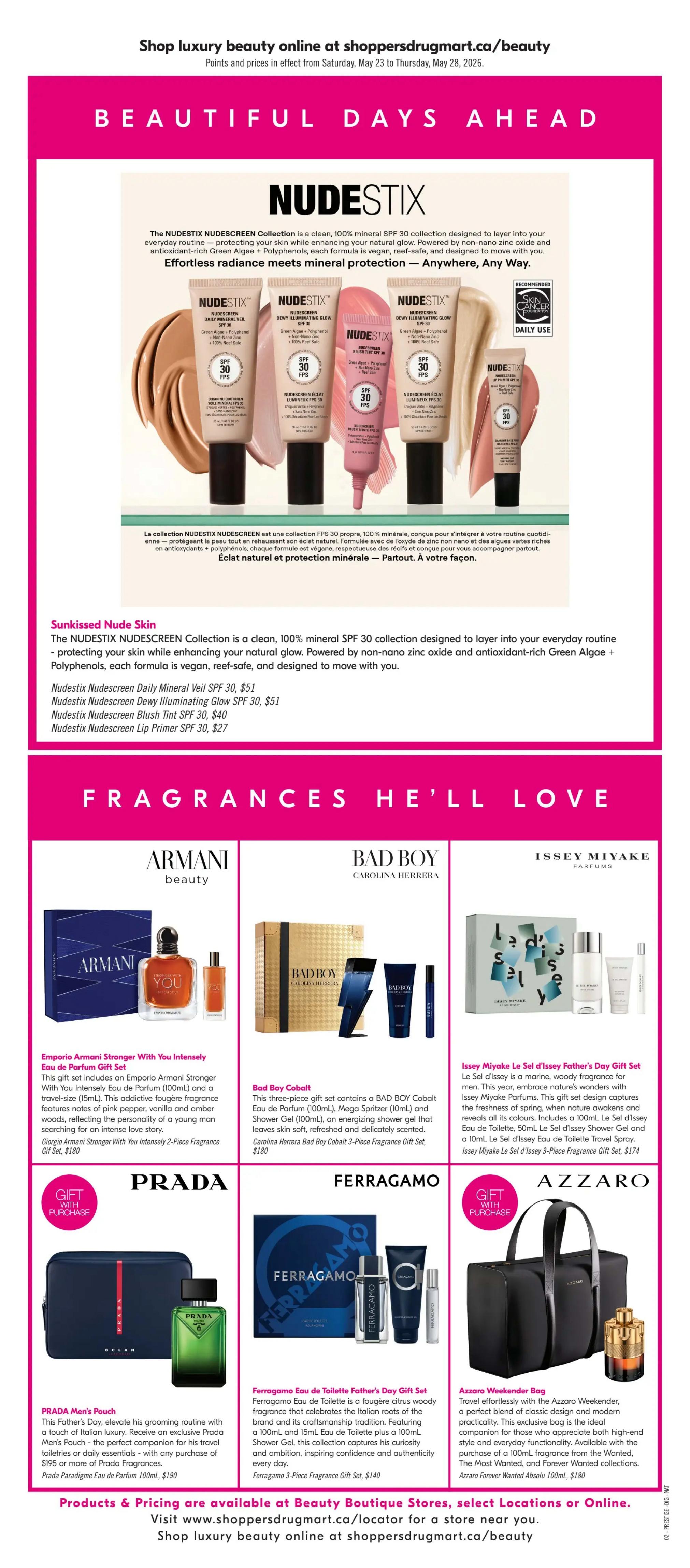 Shoppers Drug Mart flyer page 12 featuring 'Beautiful Days Ahead' beauty specials. The page highlights NUDESTIX NUDESCREEN Collection with products like Nudestix Nudesscreen Daily Mineral Veil SPF 30 for $51, Nudestix Nudesscreen Dewy Illuminating Glow SPF 30 for $51, Nudestix Nudesscreen Blush Tint SPF 30 for $40, and Nudestix Nudesscreen Lip Primer SPF 30 for $27. The page also showcases fragrances for men: Emporio Armani Stronger With You Intensely Eau de Parfum (100ml) and travel size (15ml) 2-Piece Fragrance Gift Set for $180, Carolina Herrera Bad Boy Cobalt 3-Piece Fragrance Gift Set for $180, and Issey Miyake Le Sel d'Issey Father's Day Gift Set including 100mL Le Sel d'Issey Eau de Toilette, 50mL Le Sel d'Issey Shower Gel and a 10mL Le Sel d'Issey Eau de Toilette Travel Spray for $174. Additionally, there are gift offers with purchase: a PRADA Men's Pouch with any purchase of $195 or more of Prada Fragrances, and an Azzaro Weekender Bag with the purchase of a 100mL fragrance from The Wanted, The Most Wanted, or Forever Wanted collections, such as Azzaro Forever Wanted Absolu for $180. Ferragamo Eau de Toilette Father's Day Gift Set is available for $140. Find more beauty products and pricing online at shoppersdrugmart.ca/beauty.