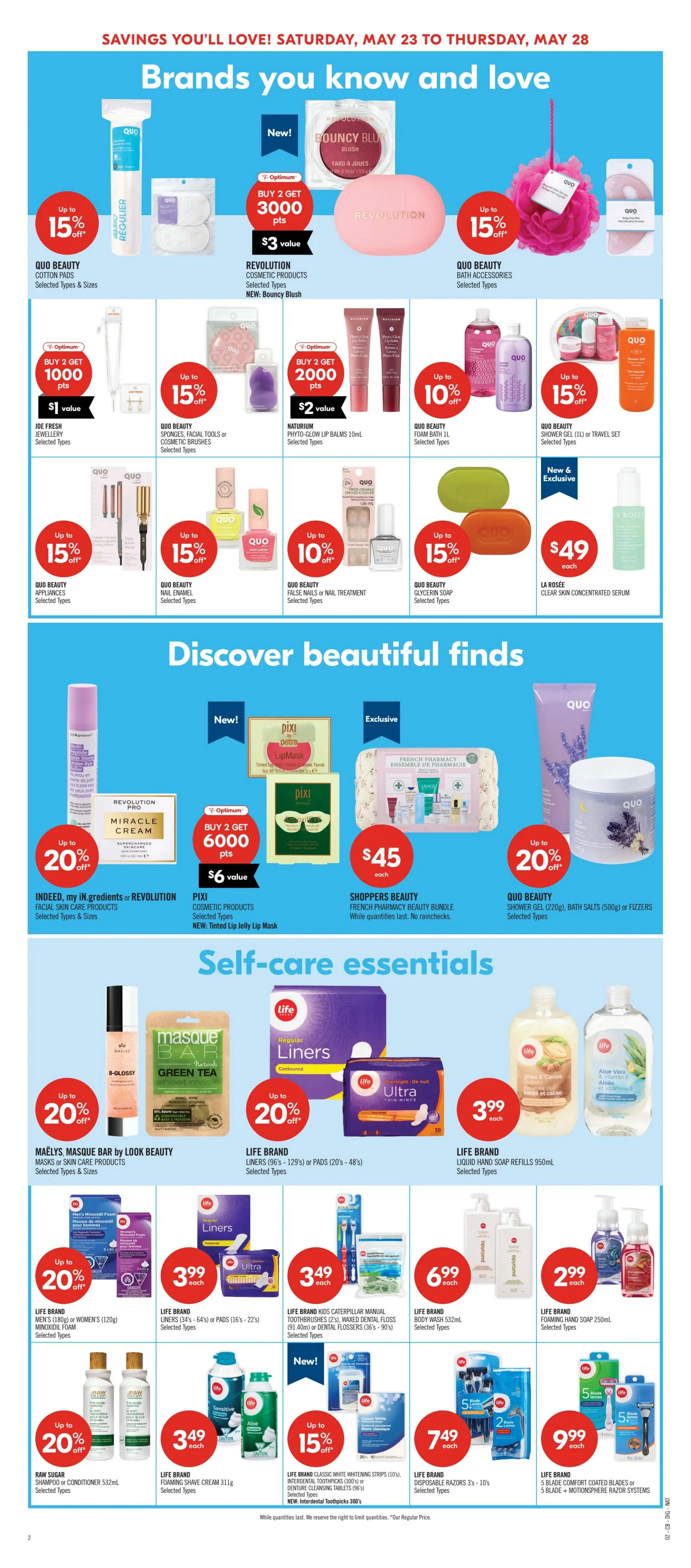Shoppers Drug Mart flyer page 15 featuring 'Brands you know and love' and 'Discover beautiful finds' sections. Offers include Quo Beauty Cotton Pads with up to 15% off, Revolution Cosmetic Products Buy 2 Get 3000 Optimum Points, Quo Beauty Bath Accessories with up to 15% off, Naturium Phyto-Glow Lip Balms Buy 2 Get 2000 Optimum Points, Quo Beauty Foam Bath and Shower Gel with up to 10% off, Quo Beauty Travel Set with up to 15% off, Quo Beauty Appliances with up to 15% off, Quo Beauty Nail Enamel with up to 15% off, Quo Beauty False Nails or Nail Treatment with up to 10% off, Quo Beauty Glycerin Soap with up to 15% off, and La Rosée Clear Skin Concentrated Serum for $49. In the 'Discover beautiful finds' section, Indeed, my in-gredients or Revolution Facial Skin Care Products are up to 20% off. Pixi Cosmetic Products, including the new Tinted Jelly Lip Mask, are Buy 2 Get 6000 Optimum Points. Shoppers Beauty French Pharmacy Beauty Bundle is $45. Quo Beauty Shower Gel, Bath Salts, or Fizzers are up to 20% off. The 'Self-care essentials' section highlights Maëlys Masque Bar by Look Beauty Masks or Skin Care Products up to 20% off. Life Brand Liners are up to 20% off. Life Brand Liquid Hand Soap Refills are $3.99 each. Life Brand Men's or Women's Masks are up to 20% off. Life Brand Kids Caterpillar Manual Toothbrushes, Waxed Dental Floss, or Dental Flossers are $3.49 each. Life Brand Body Wash is $6.99 each. Life Brand Foaming Shave Cream is $3.49 each. Life Brand Classic White Whitening Strips, Interdental Toothpicks, or Denture Cleansing Tablets are up to 15% off, including new Interdental Toothpicks. Life Brand Disposable Razors are $7.49 each. Life Brand 5 Blade Comfort Coated Blades or 5 Blade Motionsphere Razor Systems are $9.99 each.