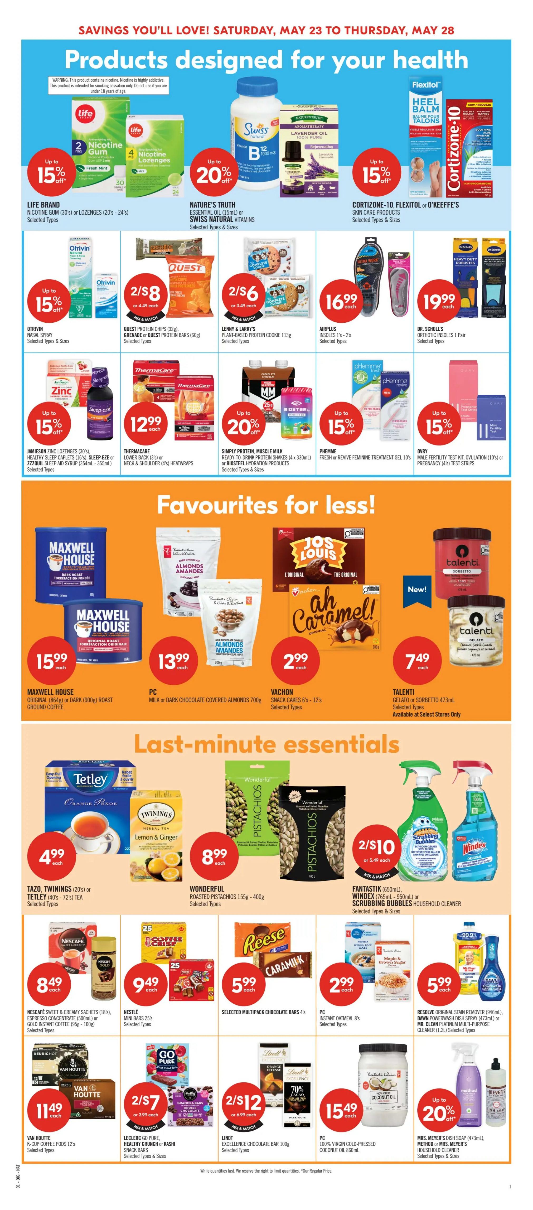 Shoppers Drug Mart flyer page 16, featuring 'Products designed for your health' and 'Favourites for less!'. Health products include Life Brand Nicotine Gum and Lozenges (up to 15% off), Swiss Natural Vitamins and Nature's Truth Lavender Oil (up to 20% off), Cortizone-10, Flexitol, or O'Keeffe's Skin Care (up to 15% off), Otrivin Nasal Spray (up to 15% off), Quest Protein Chips and Bars (2 for $8), Lenny & Larry's Plant-Based Protein Cookie (2 for $6), Airplus Insoles (1 pair for $16.99), and Dr. Scholl's Orthotic Insoles (1 pair for $19.99). Also featured are Jamieson Zinc Lozenges, Sleep-eze, or ZZQuil Sleep Aid Syrup (up to 15% off), Thermacare Lower Back or Neck & Shoulder Heatwraps (for $12.99), Simply Protein Muscle Milk or Biosteel Hydration Products (up to 20% off), Phemme Feminine Treatment Gel or Biosteel Hydration Products (up to 15% off), and Ovry Fertility Test Kit or Pregnancy Test Strips (up to 15% off). 'Favourites for less!' section includes Maxwell House Coffee (original or dark roast, 864g or 900g) for $15.99, PC Milk or Dark Chocolate Covered Almonds 700g for $13.99, Vachon Snack Cakes 6's-12's for $2.99, and Talenti Gelato or Sorbetto 473mL (available at select stores only) for $7.49. 'Last-minute essentials' include Tazo, Twinings, or Tetley Tea (20% off or 40s-72s) for $4.99, Wonderful Roasted Pistachios 155g-400g for $8.99, Fantastik, Windex, or Scrubbing Bubbles Household Cleaner (2 for $10), Nescafe Sweet & Creamy Sachets or Gold Instant Coffee for $8.49, Nestle Mini Bars 25's for $9.49, Selected Multipack Chocolate Bars 4's for $5.99, PC Instant Oatmeal 8's for $2.99, Resolve Original Stain Remover, Dawn Powerwash Spray, or Windex Multi-Purpose Cleaner for $5.99, Van Houtte K-Cup Coffee Pods 12's for $11.49, Leclerc Go Pure Granola Bars or Kashi Snack Bars (2 for $7), Lindt Excellence Chocolate Bar 100g for (2 for $12), PC 100% Virgin Cold-Pressed Coconut Oil 850mL for $15.49, and Mrs. Meyer's Dish Soap or Method Household Cleaner (up to 20% off).