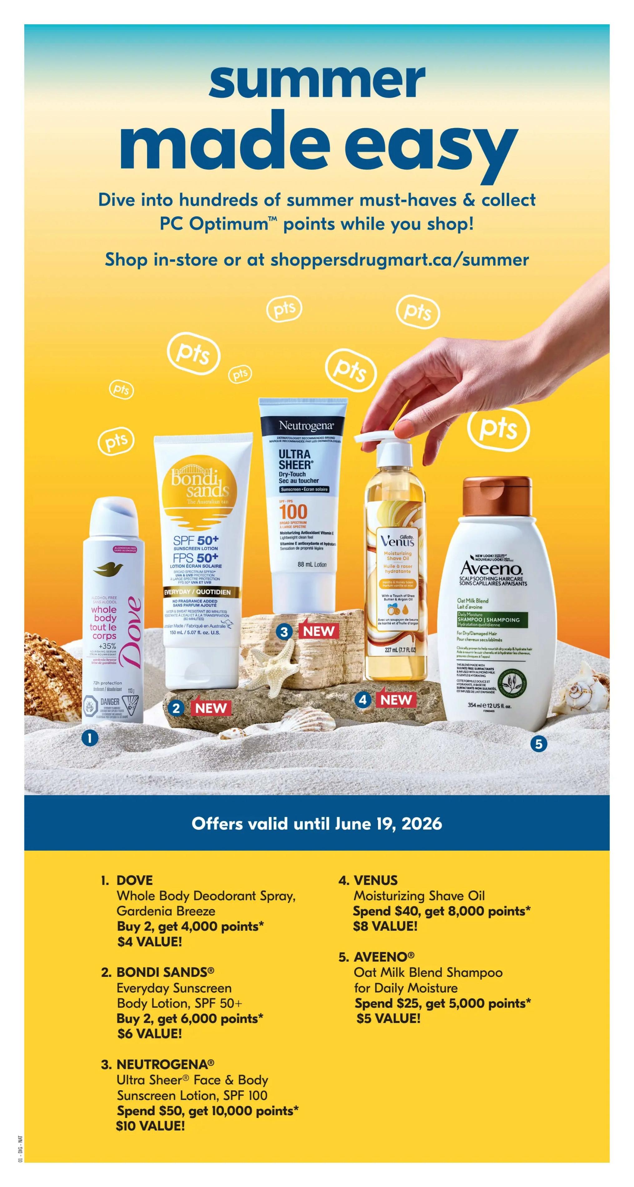 Shoppers Drug Mart flyer page 21, featuring summer essentials. Offers valid until June 19, 2026. Products include: 1. Dove Whole Body Deodorant Spray, Gardenia Breeze - Buy 2, get 4,000 points, $4 value. 2. Bondi Sands Everyday Sunscreen Body Lotion, SPF 50+ - Buy 2, get 6,000 points, $6 value. 3. Neutrogena Ultra Sheer Face & Body Sunscreen Lotion, SPF 100 - Spend $50, get 10,000 points, $10 value. 4. Venus Moisturizing Shave Oil - Spend $40, get 8,000 points, $8 value. 5. Aveeno Oat Milk Blend Shampoo for Daily Moisture - Spend $25, get 5,000 points, $5 value. The page also highlights a 'summer made easy' theme with various sun care and body care products displayed.