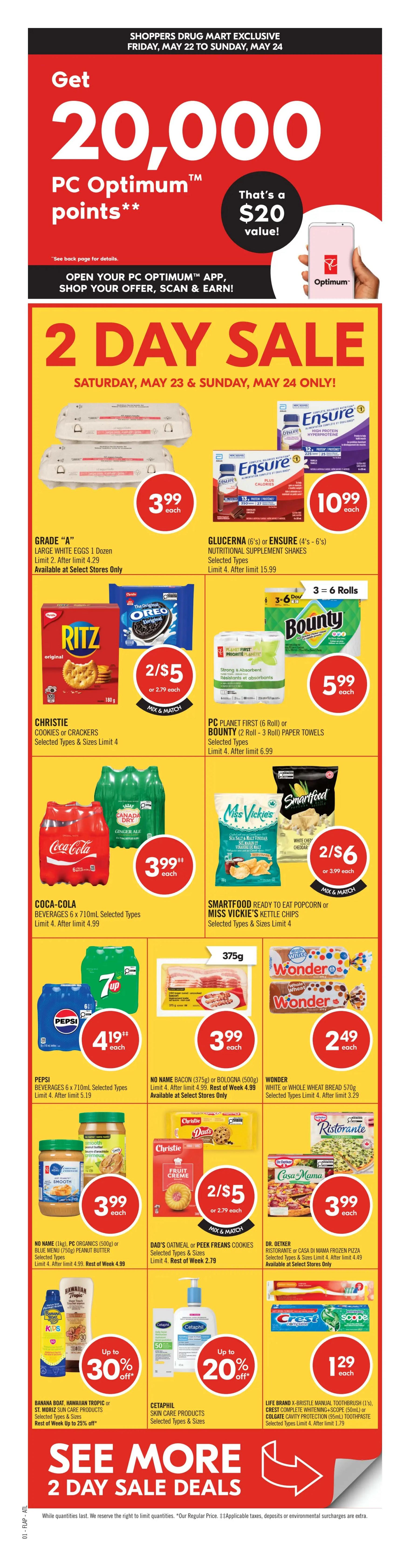 Shoppers Drug Mart Atlantic flyer page 2 features a 2-Day Sale on Saturday, May 23 and Sunday, May 24. Featured items include Scotsburn Chocolate Milk 1L for $2.49, Popsicle Frozen Dessert Bars (12-pack) for $4.99, Lantic Granulated or Icing Sugar (2kg or 1kg) for $2.99, and Purina Cat Chow or Dry Cat Food (1.42kg-2kg) with up to 25% off. Royale Original 2-Ply Facial Tissues (6's) or Velour 3-Ply Facial Tissues (4'-6's) are $5.99. Monday or OGX Hair Care Products are $7.99. Nivea Men Shower Gel or Nivea Body Wash 500ml are $4.49, with a Spend $10 Get 1000 Optimum Points offer, valued at $1. Colgate Sensitive Pro-Relief or Periogard Gum Care Sensitivity Toothpaste (120ml) or Burt's Bees Lip Balms (1's) are $4.99. Tresemmé Hair Care Products are $6.99. Hero Acne Patch (10's-60's) or Thayers Skin Care Products are up to 20% off. La Roche-Posay Sun Care Products have a Buy 2 Get 6000 Optimum Points offer, valued at $6. Batiste Premium Dry Shampoo, L'Oréal Ever Pure Shampoo or Conditioner are $10.99. Dove UV Repair & Glow Hair Care Products have a Buy 2 Get 2000 Optimum Points offer, valued at $2. Byoma Skin Care Products have a Buy 2 Get 4000 Optimum Points offer, valued at $4. Not Your Mother's Hair Care Products have a Buy 2 Get 10x Optimum Points offer. Quo Beauty Sunglasses or Joe Fresh Umbrellas are available. Nair Hair Removal Products are featured. Philips Shave or Grooming Appliances have a Spend $75 Get 15000 Optimum Points offer, valued at $15. Elastoplast Bandages or Wound Care Products have a Buy 2 Get 3000 Optimum Points offer, valued at $3. KT Tape Kinesiology Tape is $19.99 each.