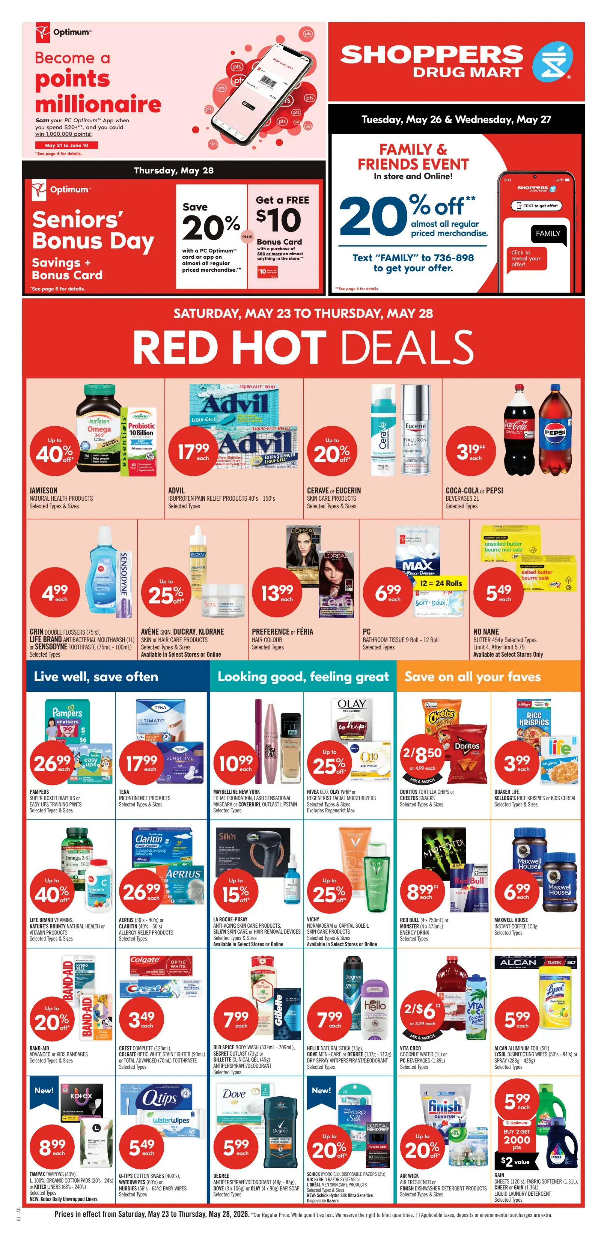 Shoppers Drug Mart flyer page 1 featuring a 2-Day Sale from Saturday, May 23 to Sunday, May 24. Get 20,000 PC Optimum points, a $20 value, when you open your PC Optimum app and shop your offer. Deals include Grade 'A' Large White Eggs for $3.99 each (limit 2), Glucerna or Ensure Nutritional Supplement Shakes for $10.99 each (limit 4), Christie Cookies or Crackers for 2 for $5 (mix & match, limit 4), PC Planet First or Bounty Paper Towels for $5.99 each (limit 4), Coca-Cola Beverages 6 x 710mL for $3.99 each (limit 4), Smartfood Ready to Eat Popcorn or Miss Vickie's Kettle Chips for 2 for $6 (mix & match, limit 4), Pepsi Beverages 6 x 710mL for $4.19 each (limit 4), No Name Bacon (375g) or Bologna (500g) for $3.99 each (limit 4), Wonder White or Whole Wheat Bread 570g for $2.49 each (limit 4), No Name Peanut Butter (1kg), PC Organics Peanut Butter (500g) or Blue Menu Peanut Butter (750g) for $3.99 each (limit 4), Christie Fruit Creme or Peek Freans Cookies for 2 for $5 (mix & match, limit 4), Dr. Oetker Ristorante or Casa Di Mama Frozen Pizza for $3.99 each (limit 4), Banana Boat, Hawaiian Tropic or St. Moriz Sun Care Products with up to 30% off, Cetaphil Skin Care Products with up to 20% off, and Life Brand Toothbrushes or Crest Complete Toothpaste or Colgate Cavity Protection Toothpaste for $1.29 each (limit 4). See more 2-Day Sale deals on the next page.
