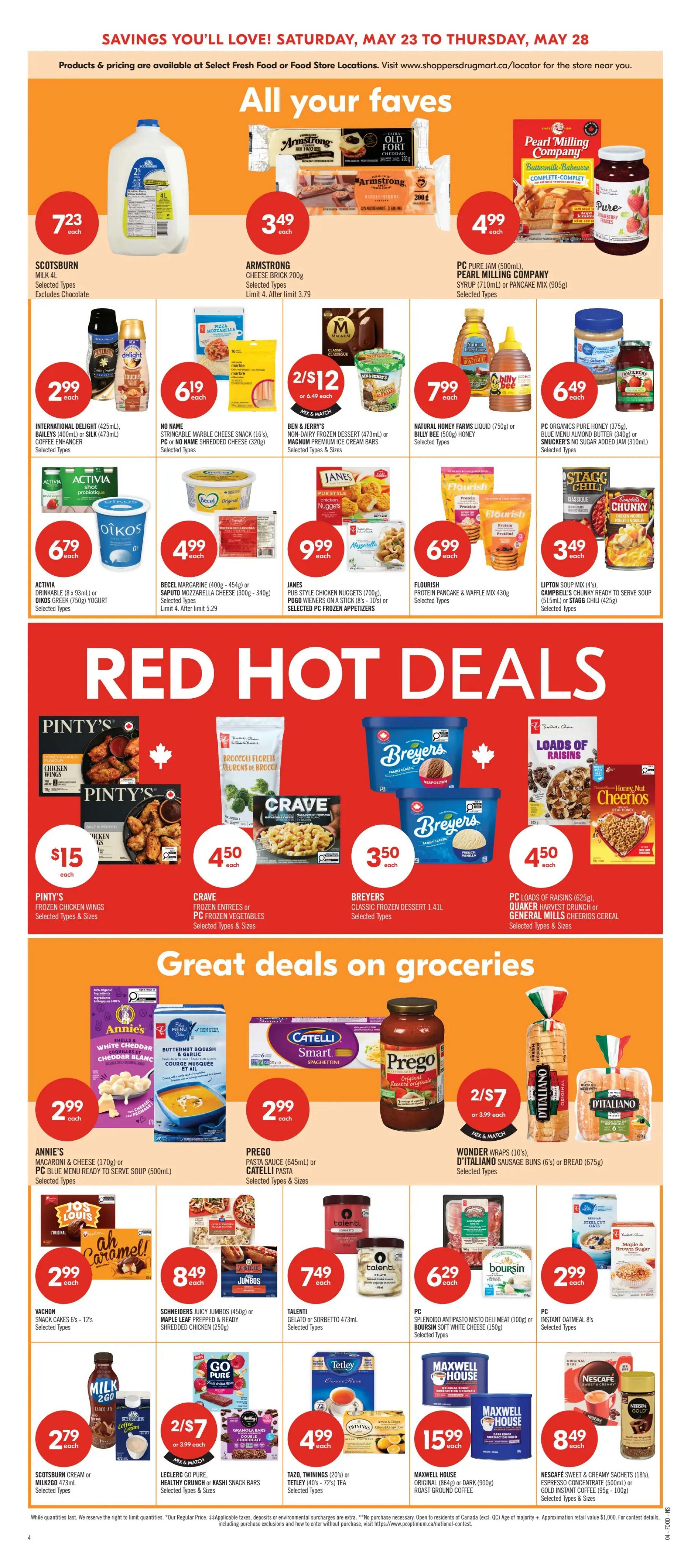 Shoppers Drug Mart Atlantic flyer page 7 features 'All Your Faves' including Scotsburn Milk 4L for $7.23, Armstrong Cheese Brick 200g for $3.49, and Pearl Milling Company Syrup or Pancake Mix for $4.99. Also available are International Delight Coffee Enhancer for $2.99, No Name Marble Cheese Snack or Shredded Cheese for $6.19, Ben & Jerry's Non-Dairy Frozen Dessert or Magnum Ice Cream Bars for 2 for $12, Natural Honey Farms Liquid Honey or Billy Bee Honey for $7.99, and PC Organics Pure Honey, Blue Menu Almond Butter, or Smucker's No Sugar Added Jam for $6.49. In the 'Red Hot Deals' section, find Pinty's Chicken Wings for $15, Crave Frozen Entrees or PC Frozen Vegetables for $4.50, Breyers Classic Frozen Dessert 1.41L for $3.50, and PC Loads of Raisins Cereal or Quaker Harvest Crunch or General Mills Cheerios Cereal for $4.50. 'Great Deals on Groceries' include Annie's Macaroni & Cheese or PC Blue Menu Soup for $2.99, Prego Pasta Sauce or Catelli Pasta for $2.99, Wonder Wraps or D'Italiano Sausage Buns or Bread for 2 for $7. Additional deals feature Vachon Snack Cakes for $2.99, Schneiders Juicy Dumplings or Maple Leaf Prepped & Ready Shredded Chicken for $8.49, Talenti Gelato or Sorbetto for $7.49, PC Splendido Antipasto Misto Deli Meat or Boursin Soft White Cheese for $6.29, and PC Instant Oatmeal for $2.99. The bottom section shows Scotsburn Cream or Milk2Go for $2.79, Leclerc Go Pure Healthy Crunch or Kashi Snack Bars for 2 for $7, Tazo Twinings or Tetley Tea for $4.99, Maxwell House Coffee for $15.99, and Nescafé Sweet & Creamy Sachets or Espresso Concentrate or Gold Instant Coffee for $8.49.
