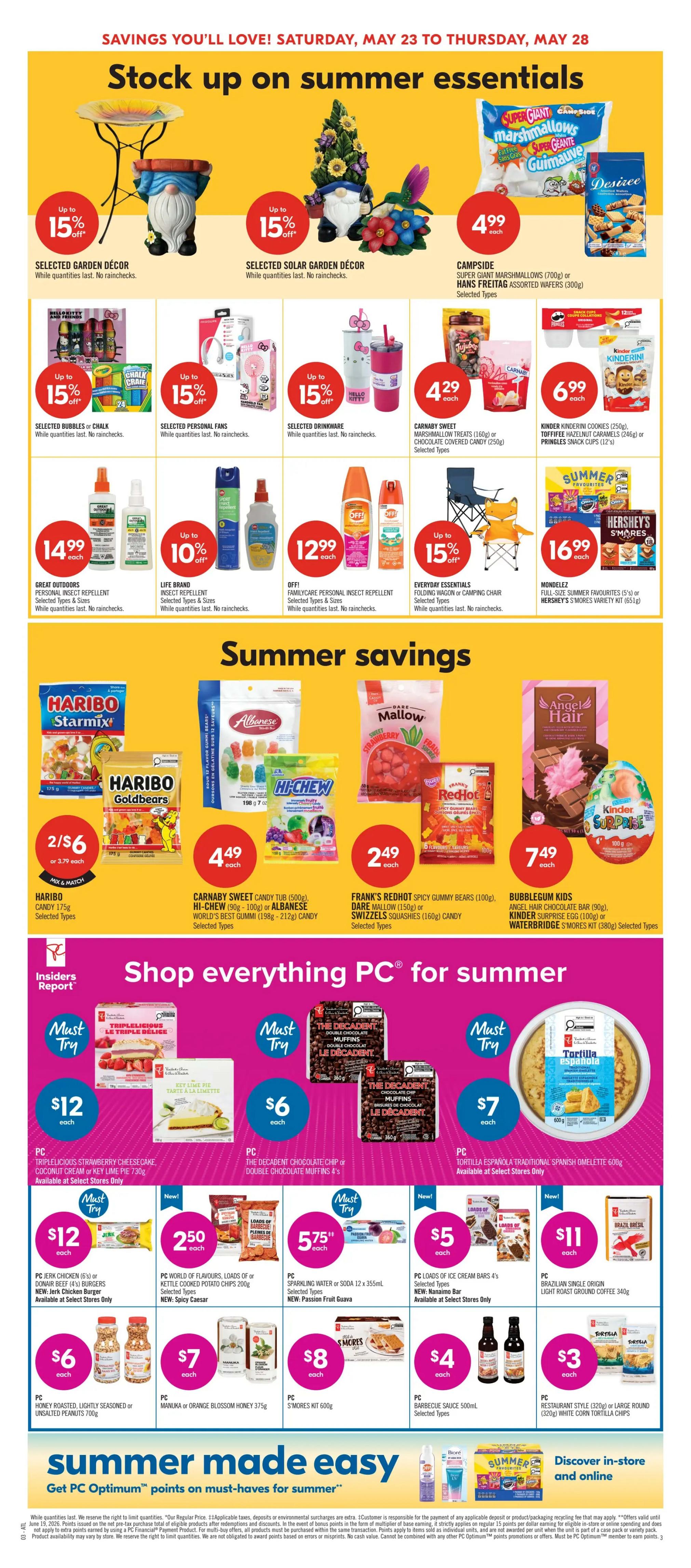 Shoppers Drug Mart Atlantic flyer page 9 features 'Stock up on summer essentials' with up to 15% off selected garden decor, selected solar garden decor, selected bubbles or chalk, selected personal fans, and selected drinkware. Also featured are Campsite Super Giant Marshmallows for $4.99, Carnaby Sweet Marshmallow Treats or Chocolate Covered Candy for $4.29, and Kinderini Cookies or Pringles Snack Cups for $6.99. Great Outdoors Personal Insect Repellent is $14.99, Life Brand Insect Repellent is up to 10% off, Off! Familycare Personal Insect Repellent is $12.99, and Everyday Essentials Folding Wagon or Camping Chair is up to 15% off. Mondelez Full-Size Summer Favourites or Hershey's S'mores Variety Kit is $16.99. Under 'Summer Savings', Haribo Starmix or Goldbears are 2 for $6, Carnaby Sweet Candy Tub or Albanese World's Best Gummi is $4.49, Frank's Redhot Spicy Gummy Bears or Swizzels Squashies is $2.49, and Bubblegum Kids Angel Hair Chocolate Bar or Kinder Surprise Egg or Waterbridge S'mores Kit is $7.49. The 'Shop everything PC for summer' section includes PC Triplelicious Strawberry Cheesecake, Coconut Cream or Key Lime Pie for $12, PC The Decadent Chocolate Chip or Double Chocolate Muffins for $6, and PC Tortilla Española Traditional Spanish Omelette for $7. Additional PC items include PC Jerk Chicken or Donair Burgers for $12, PC World of Flavours Loads of or Kettle Coated Potato Chips for $2.50, PC Sparkling Water or Soda for $5.75, PC Loads of Ice Cream Bars for $5, PC Single Origin Light Roast Ground Coffee for $11, PC Honey Roasted, Lightly Seasoned or Unsalted Peanuts for $6, PC Manuka or Orange Blossom Honey for $7, PC S'mores Kit for $8, PC Barbecue Sauce for $4, and PC Restaurant Style or Large Round White Corn Tortilla Chips for $3. The bottom section 'Summer made easy' highlights 'Get PC Optimum points on must-haves for summer' and 'Discover in-store and online' with online' offers and online.
