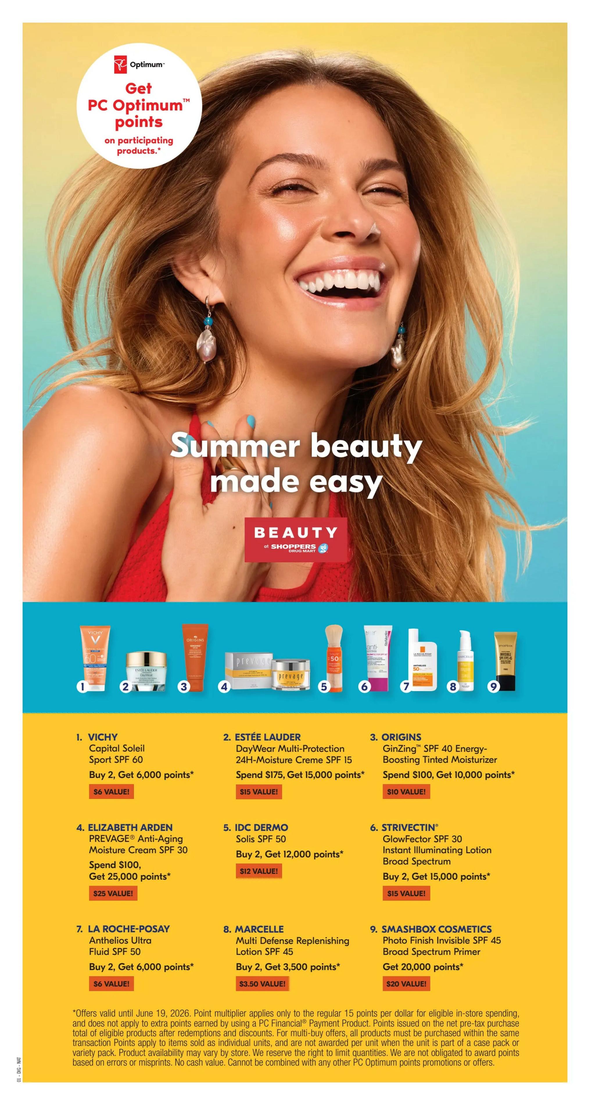 Shoppers Drug Mart Atlantic flyer, page 20, featuring 'Summer beauty made easy' with a focus on beauty products and PC Optimum points. Offers include: 1. Vichy Capital Soleil Sport SPF 60, buy 2 get 6,000 points ($6 value). 2. Estée Lauder DayWear Multi-Protection 24H-Moisture Creme SPF 15, spend $175 get 15,000 points ($15 value). 3. Origins GinZing SPF 40 Energy-Boosting Tinted Moisturizer, spend $100 get 10,000 points ($10 value). 4. Elizabeth Arden PREVAGE Anti-Aging Moisture Cream SPF 30, spend $100 get 25,000 points ($25 value). 5. IDC Dermo Solis SPF 50, buy 2 get 12,000 points ($12 value). 6. Strivectin GlowFector SPF 30 Instant Illuminating Lotion Broad Spectrum, buy 2 get 15,000 points ($15 value). 7. La Roche-Posay Anthelios Ultra Fluid SPF 50, buy 2 get 6,000 points ($6 value). 8. Marcelle Multi Defense Replenishing Lotion SPF 45, buy 2 get 3,500 points ($3.50 value). 9. Smashbox Cosmetics Photo Finish Invisible SPF 45 Broad Spectrum Primer, get 20,000 points ($20 value). Offers valid until June 19, 2026. Point multiplier applies only to regular 15 points per dollar for eligible in-store spending and does not apply to extra points earned by using a PC Financial Payment Product.