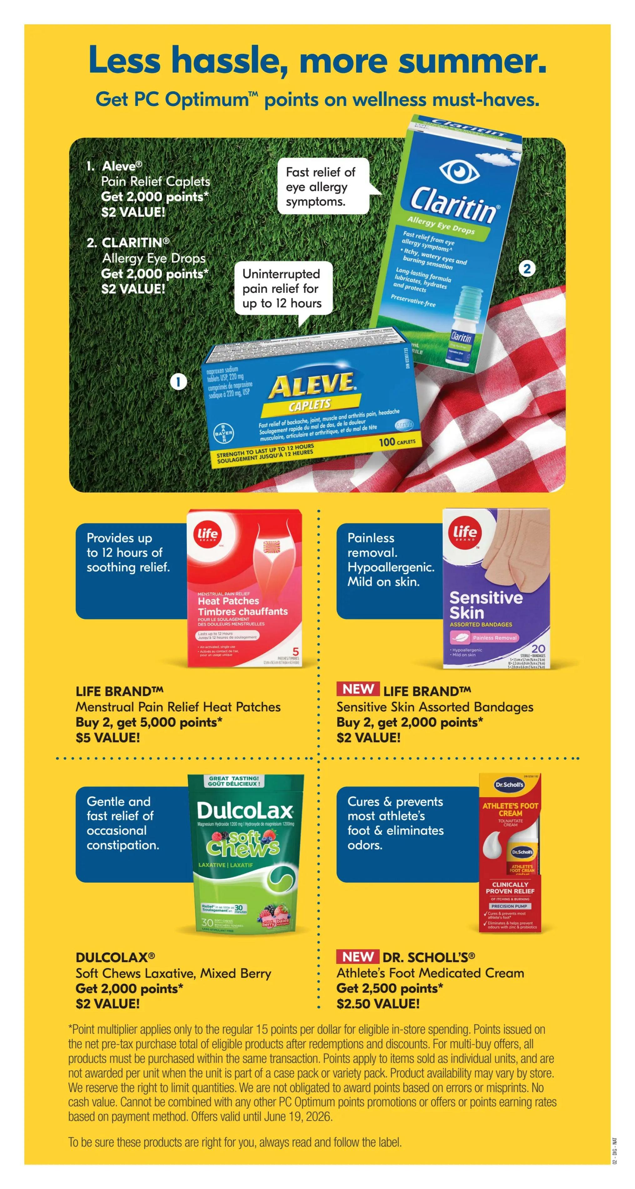 Shoppers Drug Mart Atlantic flyer page 22 features wellness must-haves with PC Optimum points. Offers include Aleve Pain Relief Caplets, get 2,000 points ($2 value), and Claritin Allergy Eye Drops, get 2,000 points ($2 value). Life Brand Menstrual Pain Relief Heat Patches are buy 2, get 5,000 points ($5 value), providing up to 12 hours of soothing relief. New Life Brand Sensitive Skin Assorted Bandages are buy 2, get 2,000 points ($2 value), offering painless, hypoallergenic removal. Dulcolax Soft Chews Laxative in Mixed Berry are buy 2, get 2,000 points ($2 value) for gentle and fast relief of occasional constipation. New Dr. Scholl's Athlete's Foot Medicated Cream is buy 2, get 2,500 points ($2.50 value) to cure and prevent athlete's foot and eliminate odors. A disclaimer notes point multiplier details and offer validity until June 19, 2026.