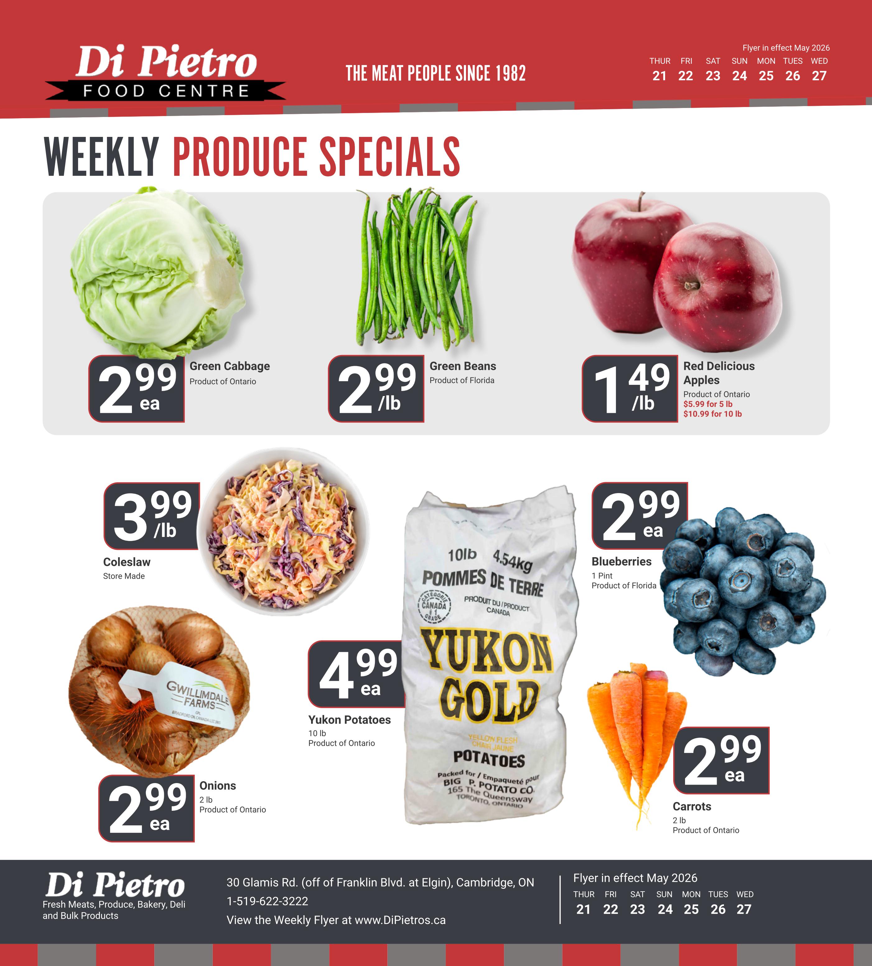 Di Pietro Food Centre weekly produce specials flyer for May 21-27, 2026. Featured items include Green Cabbage for $2.99 each, Product of Ontario; Green Beans for $2.99 per lb, Product of Florida; Red Delicious Apples for $1.49 per lb, with options of $5.99 for 5 lb or $10.99 for 10 lb, Product of Ontario. Also available are Store Made Coleslaw for $3.99 per lb; 10 lb Yukon Potatoes for $4.99 each, Product of Ontario; 2 lb Onions for $2.99 each, Product of Ontario; Blueberries for $2.99 each, 1 Pint, Product of Florida; and Carrots for $2.99 each, 2 lb, Product of Ontario.