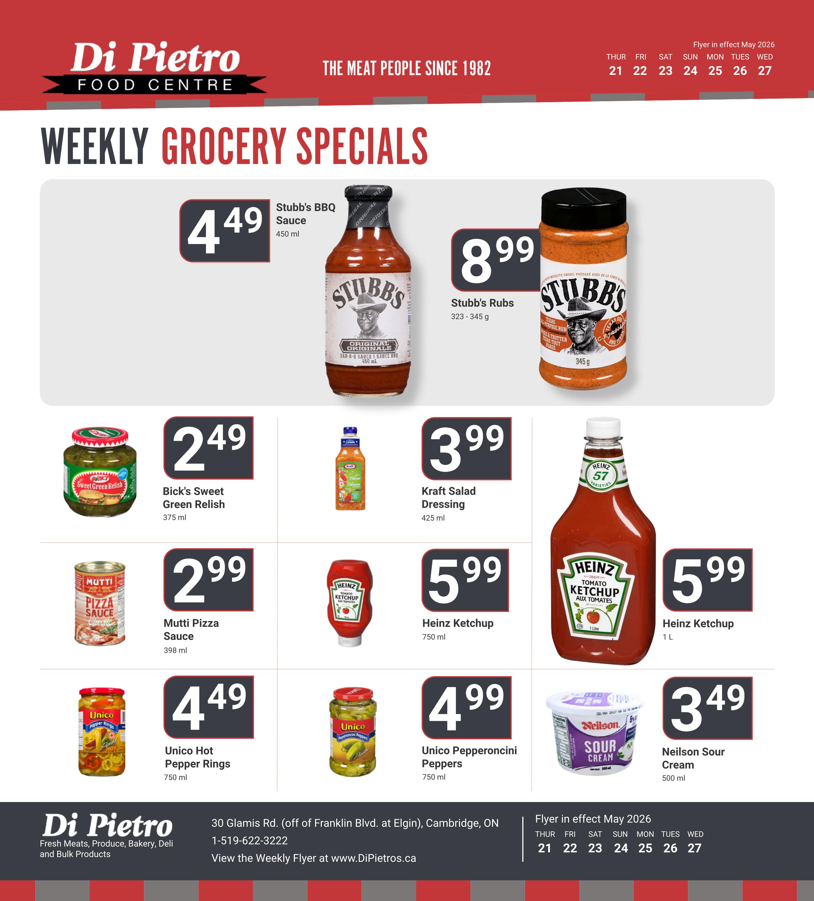 Di Pietro Food Centre Weekly Grocery Specials flyer page 8. Featuring Stubbs BBQ Sauce for $4.49 (450 ml) and Stubbs Rubs for $8.99 (323-345 g). Also on sale is Bick's Sweet Green Relish for $2.49 (375 ml), Kraft Salad Dressing for $3.99 (425 ml), Mutti Pizza Sauce for $2.99 (398 ml), Heinz Ketchup for $5.99 (750 ml), Heinz Ketchup for $5.99 (1 L), Unico Hot Pepper Rings for $4.49 (750 ml), Unico Pepperoncini Peppers for $4.99 (750 ml), and Neilson Sour Cream for $3.49 (500 ml). The flyer is in effect from May 21 to May 27, 2026.
