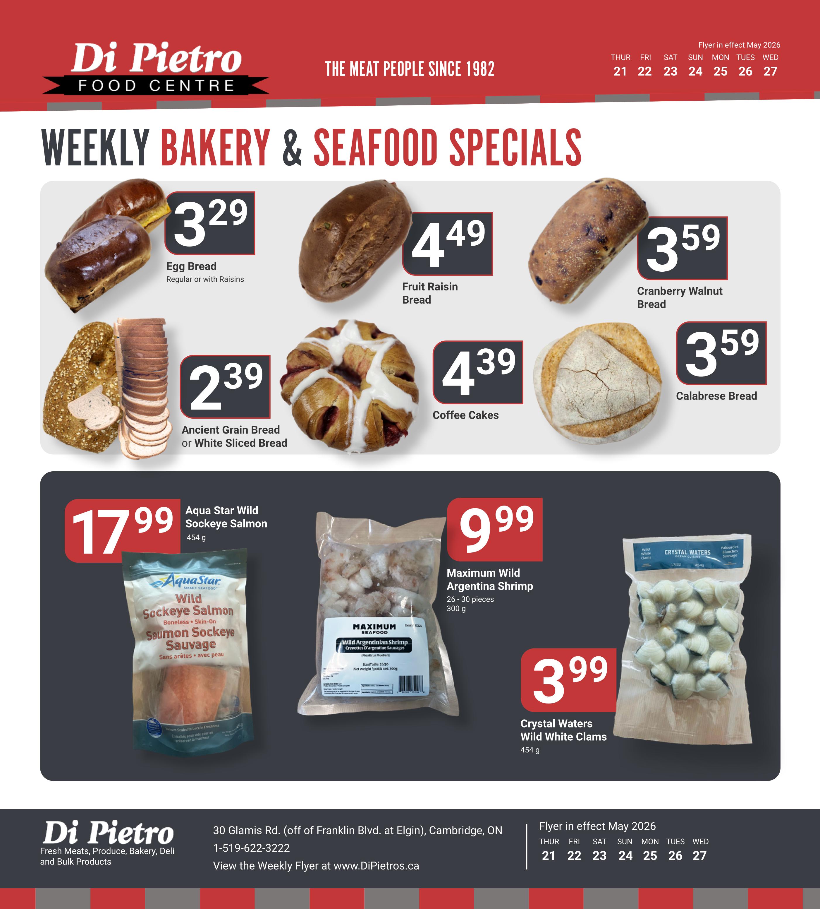 Di Pietro Food Centre Weekly Bakery & Seafood Specials flyer for May 21-27, 2026. Featured bakery items include Egg Bread for $3.29, Fruit Raisin Bread for $4.49, Cranberry Walnut Bread for $3.59, Calabrese Bread for $3.59, Ancient Grain Bread or White Sliced Bread for $2.39, and Coffee Cakes for $4.39. Seafood specials include Aqua Star Wild Sockeye Salmon (454 g) for $17.99, Maximum Wild Argentina Shrimp (26-30 pieces, 300 g) for $9.99, and Crystal Waters Wild White Clams (454 g) for $3.99.