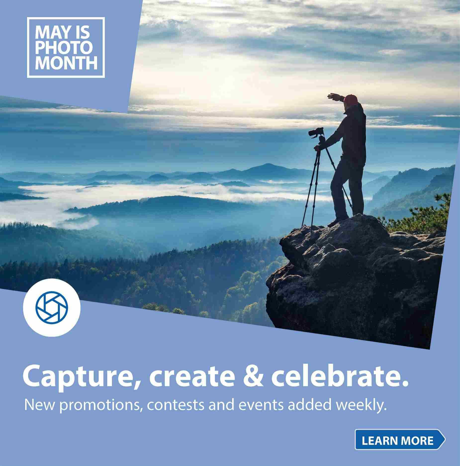 London Drugs flyer page 5: May is Photo Month. Features a scenic image of a photographer with a tripod on a rocky outcrop overlooking a misty mountain range. Text reads 'Capture, create & celebrate. New promotions, contests and events added weekly.' Includes a 'Learn More' button and a camera lens icon.