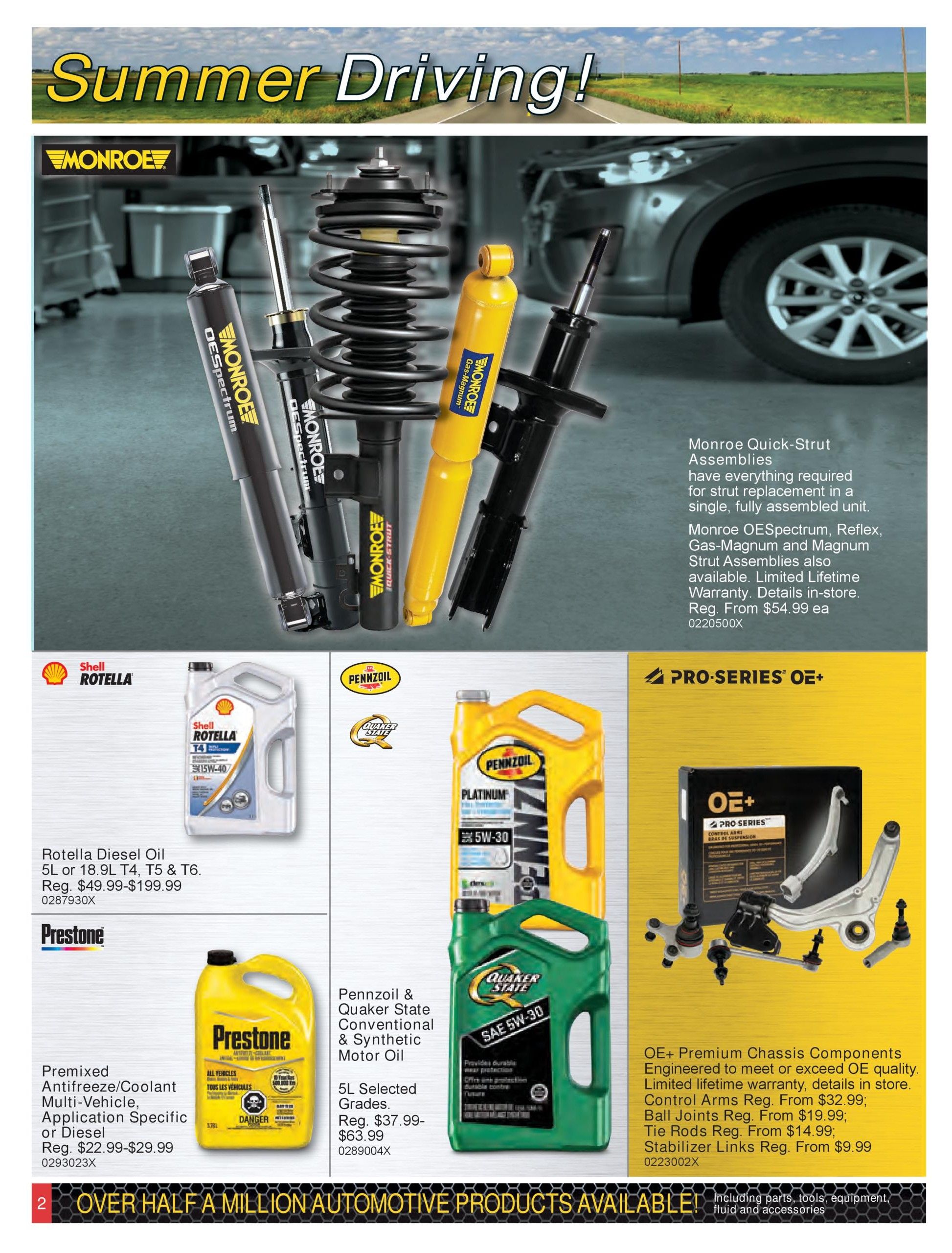 PartSource Weekly Flyer Specials Page 2 features 'Summer Driving!' theme. Top section showcases Monroe Quick-Strut Assemblies, available for single, fully assembled units, with OE Spectrum, Reflex, Gas-Magnum, and Magnum Strut Assemblies also offered. These come with a Limited Lifetime Warranty, starting from $54.99 each. The lower section highlights Shell Rotella Diesel Oil (5L or 18.9L T4, T5 & T6) with regular prices from $49.99-$199.99. Also featured is Pennzoil & Quaker State Conventional & Synthetic Motor Oil in 5L selected grades, priced from $37.99-$63.99. Pre-mixed Antifreeze/Coolant for Multi-Vehicle, Application Specific or Diesel applications is available from $22.99-$29.99. Additionally, OE+ Premium Chassis Components, including Control Arms, Ball Joints, Tie Rods, and Stabilizer Links, are engineered to meet or exceed OE quality with a limited lifetime warranty. Prices start from $32.99 for Control Arms, $19.99 for Ball Joints, $14.99 for Tie Rods, and $9.99 for Stabilizer Links.