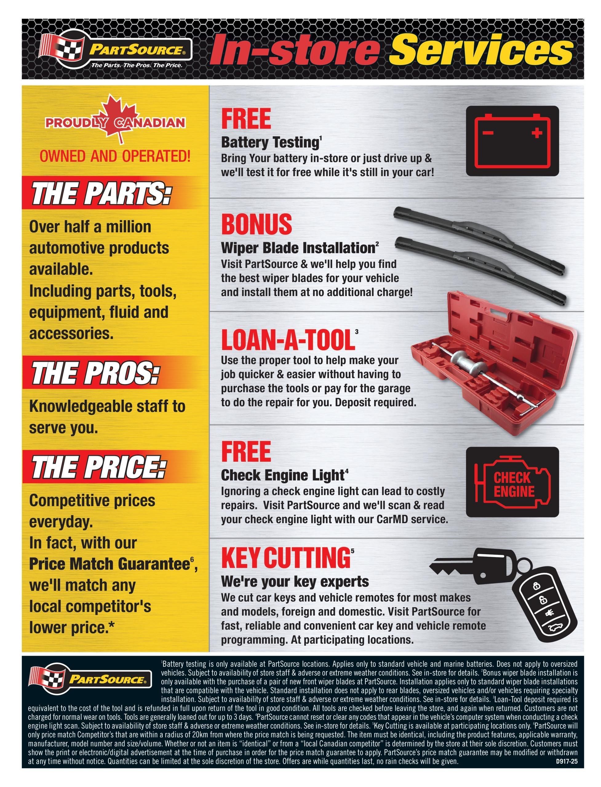 PartSource In-Store Services page featuring several automotive services. Proudly Canadian Owned and Operated. The Parts section highlights over half a million automotive products, including parts, tools, equipment, fluids, and accessories. The Pros section emphasizes knowledgeable staff. The Price section mentions competitive prices and a Price Match Guarantee. Services offered include FREE Battery Testing, BONUS Wiper Blade Installation, LOAN-A-TOOL service (deposit required), FREE Check Engine Light scan with CarMD service, and Key Cutting for car keys and vehicle remotes. The page also includes disclaimers regarding the services.