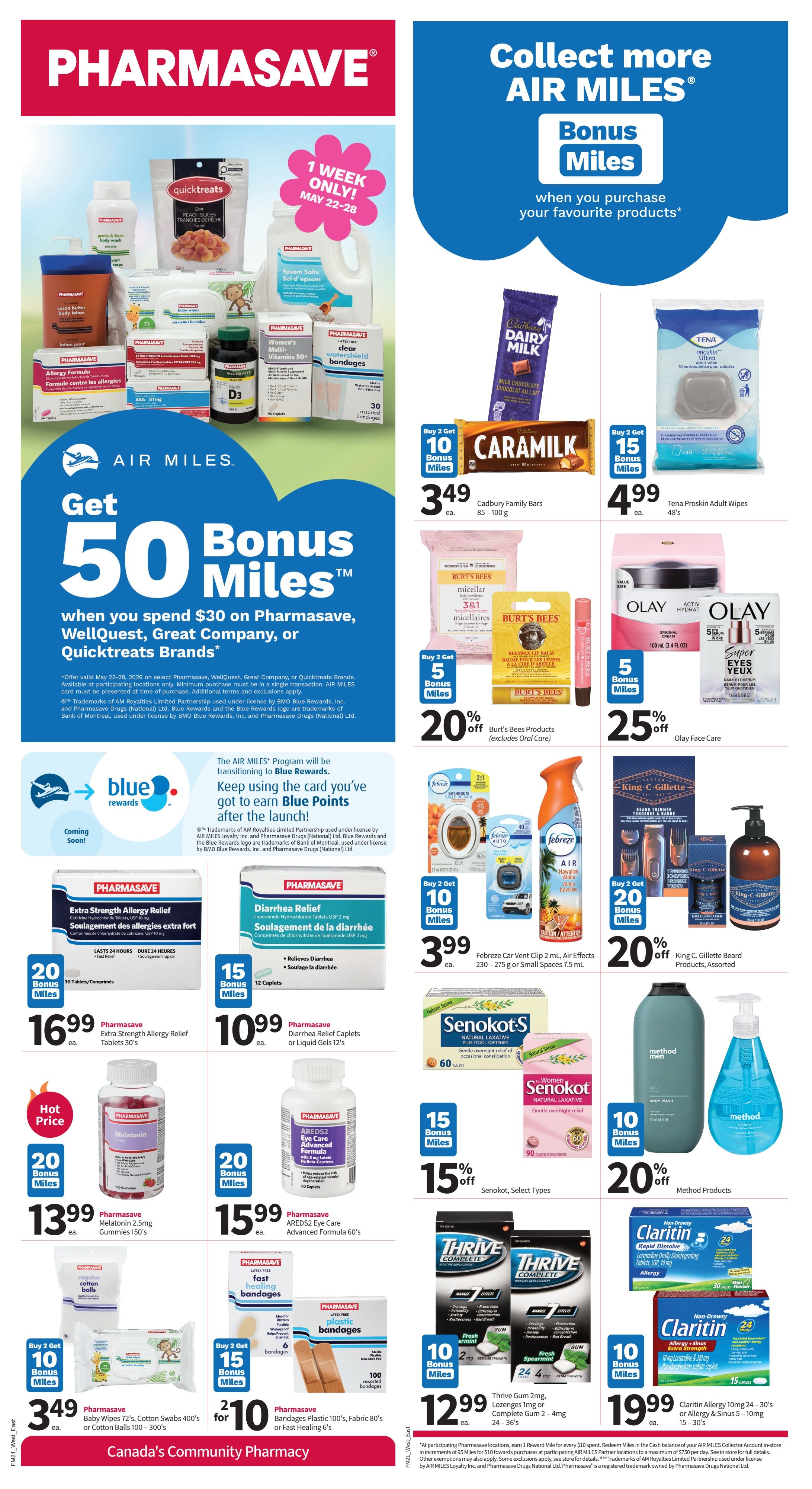Pharmasave flyer page 2 features a 'Collect More AIR MILES' bonus miles offer. Spend $30 on select Pharmasave, WellQuest, Great Company, or Quicktreats Brands and get 50 Bonus Miles. Featured products include Cadbury Family Bars for $3.49 each with 10 Bonus Miles when you buy 2, and Tena ProSkin Adult Wipes for $4.99 each with 15 Bonus Miles when you buy 2. Burt's Bees Products are 20% off with 5 Bonus Miles when you buy 2. Olay Face Care products are 25% off with 5 Bonus Miles. Pharmasave Extra Strength Allergy Relief tablets 30's are $16.99 with 20 Bonus Miles. Pharmasave Diarrhea Relief Caplets or Liquid Gels 12's are $10.99 with 15 Bonus Miles. Pharmasave Melatonin 2.5mg Gummies 150's are $13.99 with 20 Bonus Miles. Pharmasave AREDS2 Eye Care Advanced Formula 60's are $15.99 with 20 Bonus Miles. Febreze Car Vent Clip 2 ml or Air Effects 230-275 g or Small Spaces 7.5 mL are $3.99 each with 10 Bonus Miles when you buy 2. King C. Gillette Beard Products are 20% off with 20 Bonus Miles. Method Products are 20% off with 10 Bonus Miles. Senokot Select Types are 15% off. Pharmasave Baby Wipes 72's, Cotton Swabs 400's or Cotton Balls 100's are $3.49 each with 10 Bonus Miles when you buy 2. Pharmasave Bandages Plastic 100's, Fabric 80's or Fast Healing 6's are 2 for $10 with 15 Bonus Miles. Thrive Gum 2g or Lozenges 1mg or Complete Gum 2-4mg are $12.99 each with 10 Bonus Miles. Claritin Allergy 10mg 24-30's or Allergy & Sinus 5-10mg 15-30's are $19.99 each with 10 Bonus Miles.