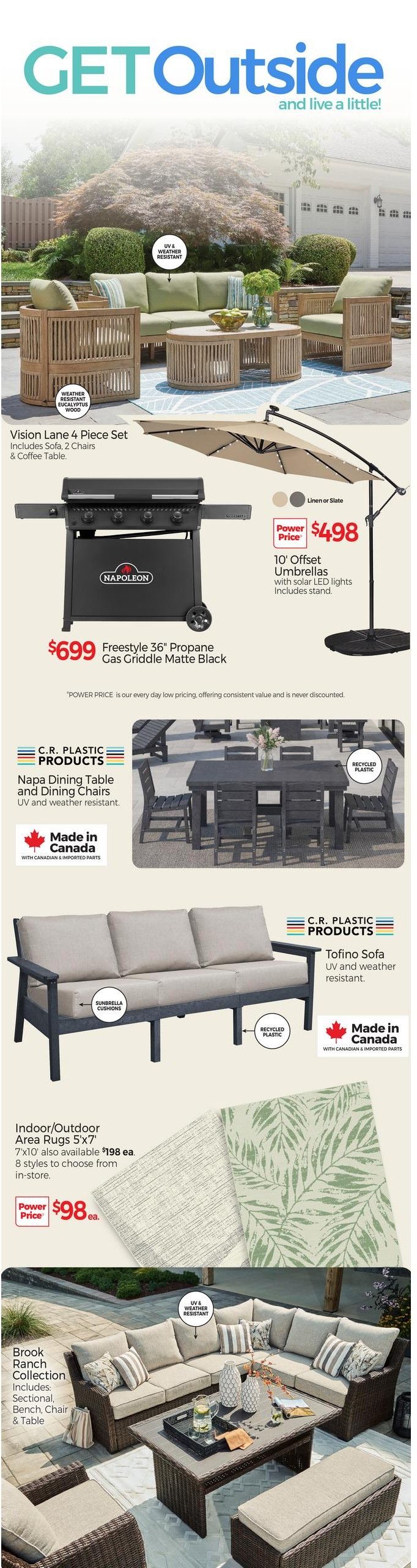 Tepperman's weekly flyer specials page 2 features outdoor living items. The Vision Lane 4 Piece Set, including a sofa, 2 chairs, and coffee table made of weather-resistant eucalyptus wood, is displayed. A Napoleon Freestyle 36' Propane Gas Griddle in Matte Black is priced at $699. Also available are 10' Offset Umbrellas with solar LED lights in Linen or Slate for a Power Price of $498, including the stand. C.R. Plastic Products' Napa Dining Table and Dining Chairs, made in Canada with Canadian & imported parts, are UV and weather resistant. The Tofino Sofa, also from C.R. Plastic Products, is UV and weather resistant and made with recycled plastic, with Sunbrella cushions. Indoor/Outdoor Area Rugs in size 5'x7' are available for $98 each, with 7'x10' size also available for $198 each, and 8 styles to choose from in-store. The Brook Ranch Collection, including a sectional, bench, chair, and table, is also shown.