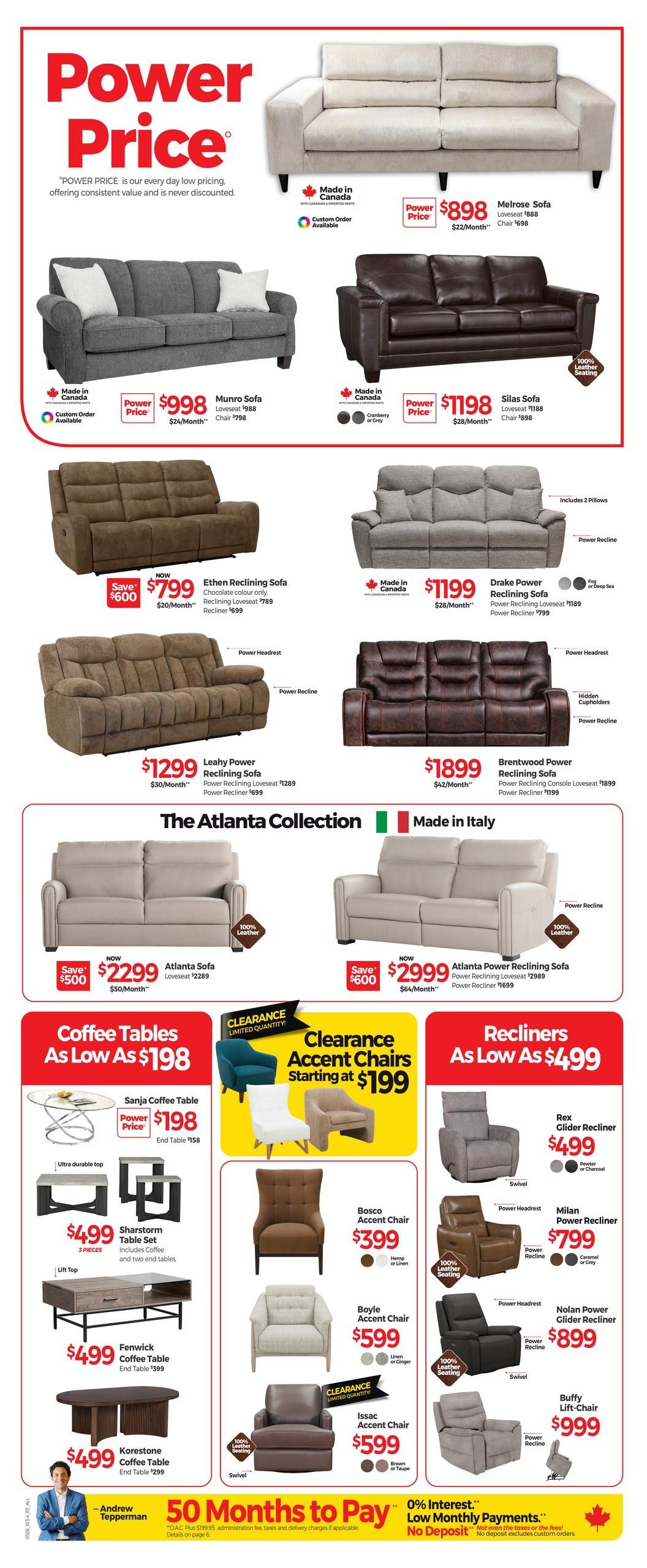 Tepperman's Weekly Flyer Specials Page 3 features a wide selection of sofas, chairs, and tables. Highlighted are the Melrose Sofa for $898, Munro Sofa for $998, and Silas Sofa for $1198. Reclining sofas include the Ethen Reclining Sofa now $799 (save $600), Leahy Power Reclining Sofa for $1299, and Brentwood Power Reclining Sofa for $1899. The Atlanta Collection includes the Atlanta Sofa for $2299 (save $500) and the Atlanta Power Reclining Sofa for $2999 (save $600). Coffee tables start at $198, with options like the Sanja Coffee Table for $198, Sharstorm Table Set for $499, Fenwick Coffee Table for $499, and Korestone Coffee Table for $499. Clearance Accent Chairs start at $199, featuring the Bosco Accent Chair for $399, Boyle Accent Chair for $599, and Issac Accent Chair for $599. Recliners are available starting at $499, including the Rex Glider Recliner for $499, Milan Power Recliner for $799, Nolan Power Glider Recliner for $899, and Buffy Lift-Chair for $999. The flyer also promotes '50 Months to Pay' with 0% interest and no deposit on low monthly payments.