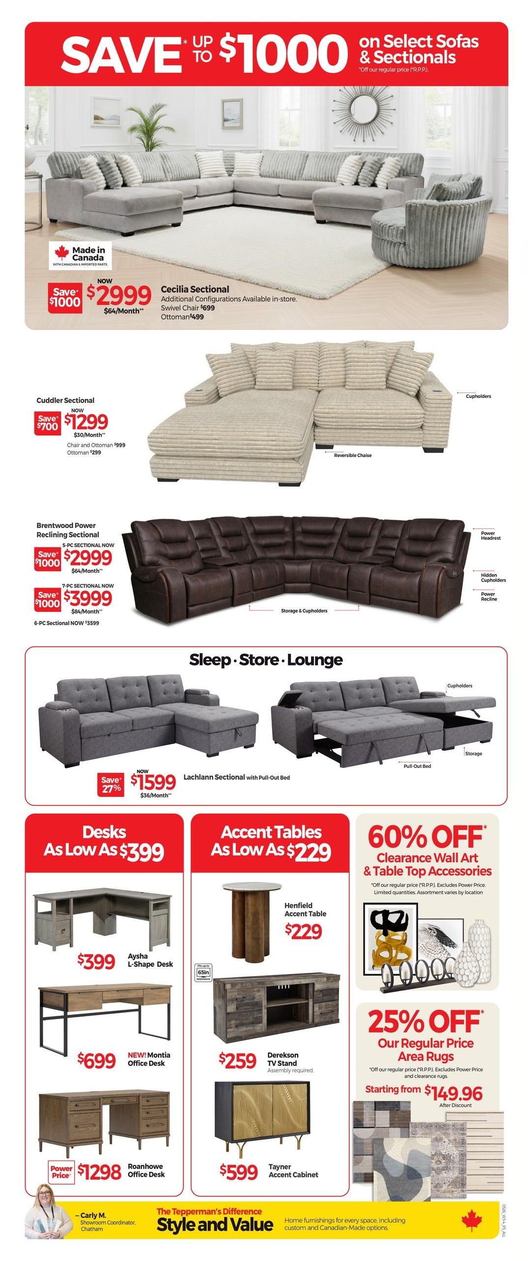 Tepperman's Weekly Flyer Specials Page 4: Save up to $1000 on select sofas and sectionals. Featured are the Cecilia Sectional now $2999 (save $1000), with a swivel chair for $699 and ottoman for $499. The Cuddler Sectional is on sale for $1299 (save $700), with chair and ottoman for $999 and ottoman for $299. The Brentwood Power Reclining Sectional is available as a 5-PC sectional now $2999 (save $1000) or a 7-PC sectional now $3999 (save $1000), with a 6-PC sectional now $3599. The Lachlann Sectional with Pull-Out Bed is $1599 (save 27%), priced at $36/month. Desks are as low as $399, including the Aysha L-Shape Desk for $399, the NEW! Montia Office Desk for $699, and the Roanhowe Office Desk for $1298 (Power Price). Accent tables are as low as $229, featuring the Henfield Accent Table for $229. Also available is the Derekson TV Stand for $259 and the Tayner Accent Cabinet for $599. Get 60% off clearance wall art and table top accessories, off regular price, excluding Power Price. Area rugs are 25% off regular price, starting from $149.96 after discount. The bottom banner highlights Tepperman's Difference: Style and Value, with home furnishings for every space, including custom and Canadian-made options.