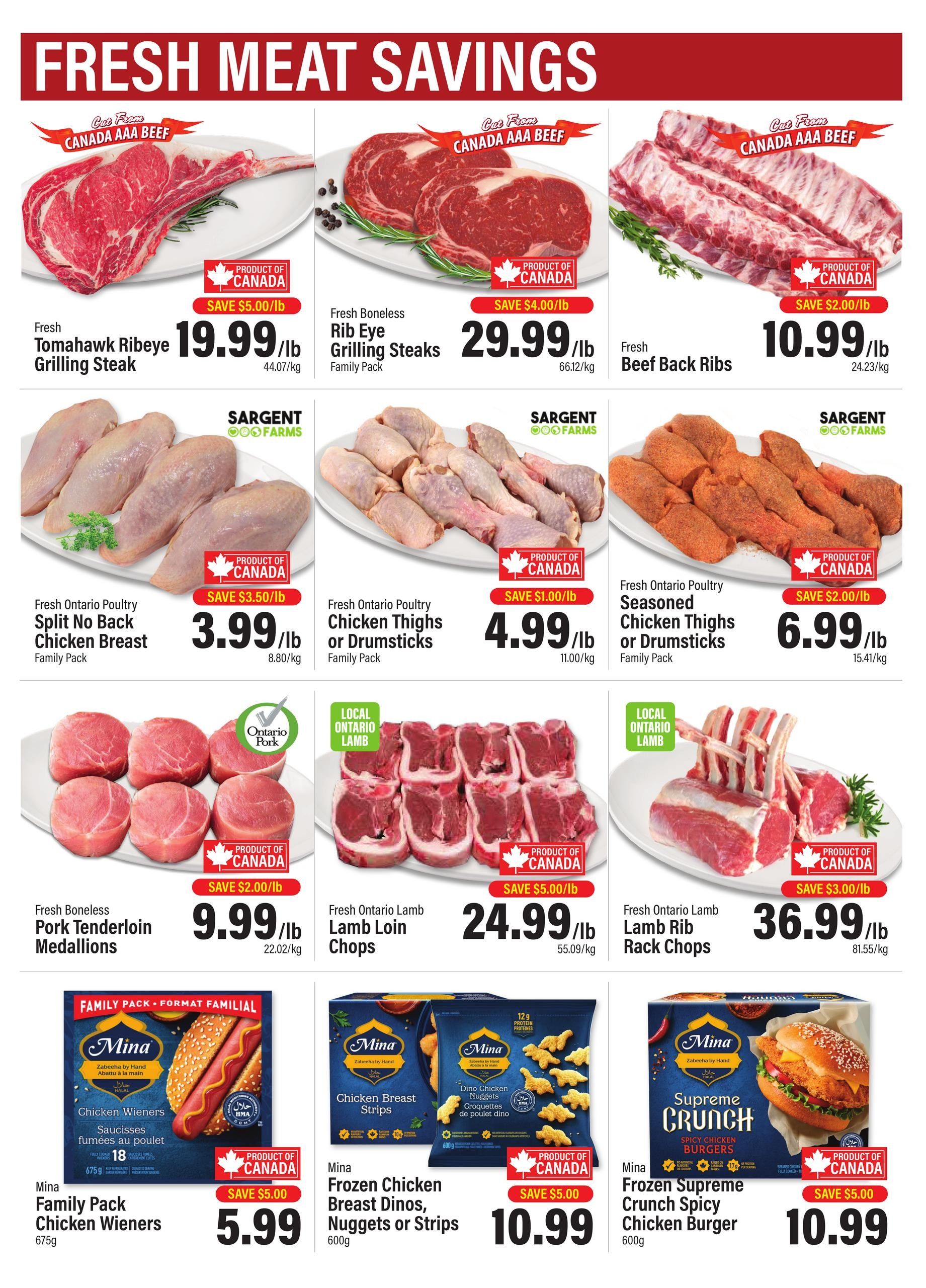 Commisso's Fresh Foods weekly flyer specials page 2 features fresh meat savings. Top row includes Fresh Tomahawk Ribeye Grilling Steak at $19.99/lb (Save $5.00/lb), Fresh Boneless Rib Eye Grilling Steaks for $29.99/lb (Save $4.00/lb), and Fresh Beef Back Ribs for $10.99/lb (Save $2.00/lb). Second row showcases Fresh Ontario Poultry Split No Back Chicken Breast, Family Pack, for $3.99/lb (Save $3.50/lb), Fresh Ontario Poultry Chicken Thighs or Drumsticks, Family Pack, for $4.99/lb (Save $1.00/lb), and Fresh Ontario Poultry Seasoned Chicken Thighs or Drumsticks, Family Pack, for $6.99/lb (Save $2.00/lb). Third row features Fresh Boneless Pork Tenderloin Medallions for $9.99/lb (Save $2.00/lb), Fresh Ontario Lamb Lamb Loin Chops for $24.99/lb (Save $5.00/lb), and Fresh Ontario Lamb Lamb Rib Rack Chops for $36.99/lb (Save $3.00/lb). Bottom row includes Mina Family Pack Chicken Wieners, 675g, for $5.99 (Save $5.00), Mina Frozen Chicken Breast Dinos, Nuggets or Strips, 600g, for $10.99 (Save $5.00), and Mina Frozen Supreme Crunch Spicy Chicken Burger, 600g, for $10.99 (Save $5.00).