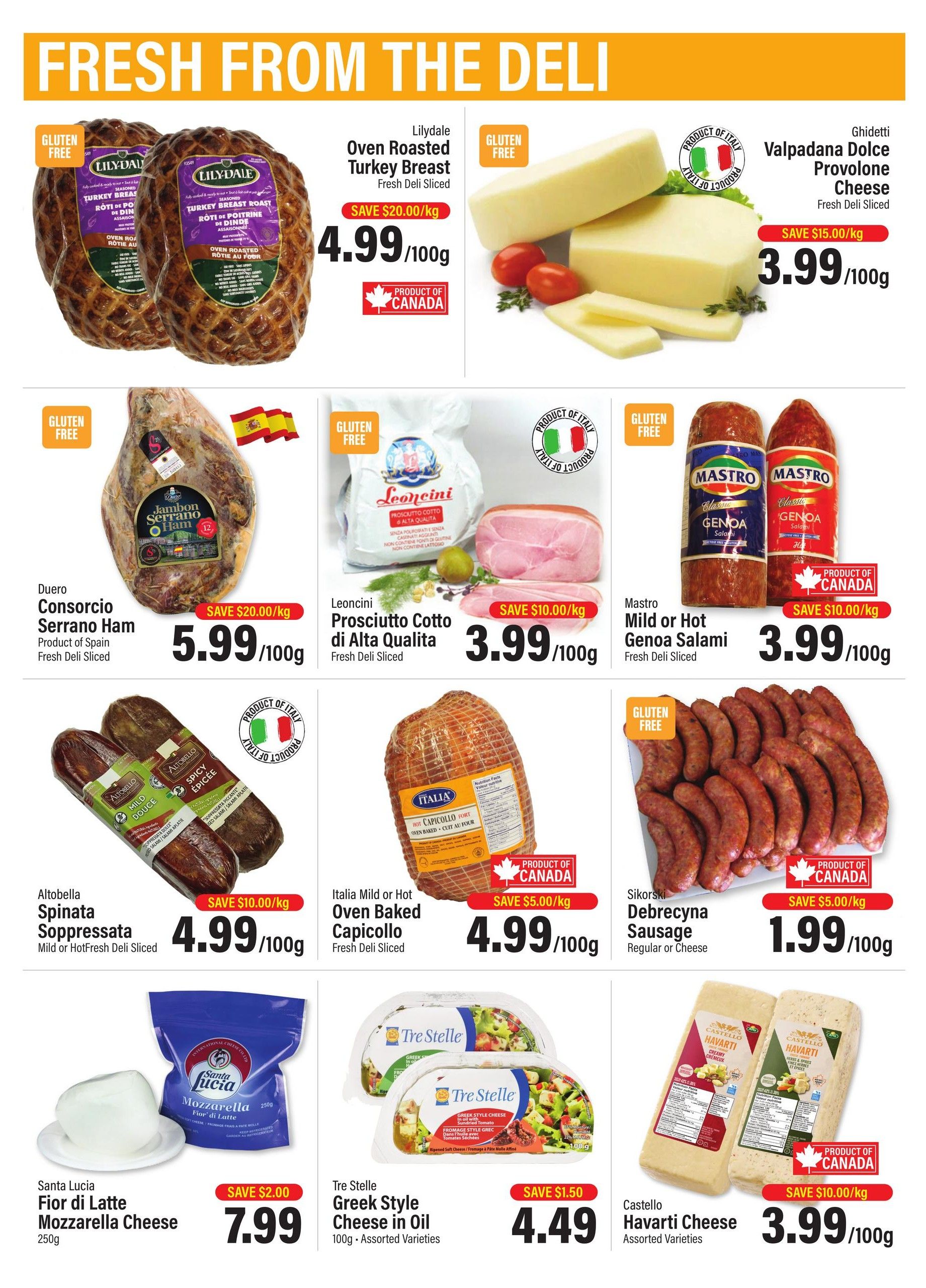 Commisso's Fresh Foods weekly flyer specials page 4. Featuring Lilydale Oven Roasted Turkey Breast, save $20.00/kg, priced at $4.99/100g. Ghidetti Valpadana Dolce Provolone Cheese, save $15.00/kg, priced at $3.99/100g. Duero Consorcio Serrano Ham, save $20.00/kg, priced at $5.99/100g. Leoncini Prosciutto Cotto di Alta Qualita, save $10.00/kg, priced at $3.99/100g. Mastro Mild or Hot Genoa Salami, save $10.00/kg, priced at $3.99/100g. Altobella Spinata Soppressata, save $10.00/kg, priced at $4.99/100g. Italia Mild or Hot Oven Baked Capicollo, save $5.00/kg, priced at $4.99/100g. Sikorski Debrecyna Sausage, save $5.00/kg, priced at $1.99/100g. Santa Lucia Fior di Latte Mozzarella Cheese 250g, save $2.00, priced at $7.99. Tre Stelle Greek Style Cheese in Oil 100g, save $1.50, priced at $4.49. Castello Havarti Cheese, save $10.00/kg, priced at $3.99/100g. All items are fresh deli sliced unless otherwise specified. Many products are gluten-free and indicated with a 'Gluten Free' label. Several products are 'Product of Canada' or 'Product of Italy'.