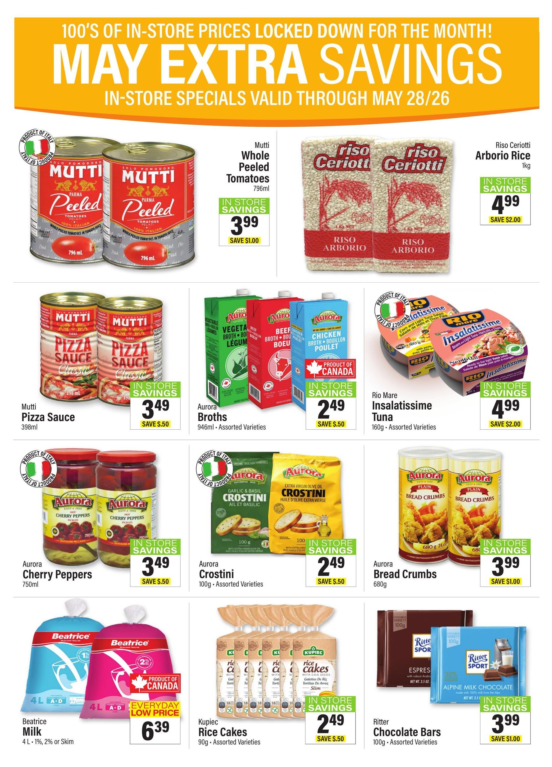Commisso's Fresh Foods weekly flyer specials for May 28/26. Featured items include Mutti Whole Peeled Tomatoes 796ml for $3.99, saving $1.00. Riso Cerriotti Arborio Rice 1kg is $4.99, saving $2.00. Mutti Pizza Sauce 398ml is $3.49, saving $0.50. Aurora Broths 946ml, assorted varieties, are $2.49, saving $0.50. Rio Mare Insalatissime Tuna 160g, assorted varieties, is $4.99, saving $2.00. Aurora Cherry Peppers 750ml are $3.49, saving $0.50. Aurora Crostini 100g, assorted varieties, are $2.49, saving $0.50. Aurora Bread Crumbs 680g are $3.99, saving $1.00. Beatrice Milk 4L, 1%, or Skim, is an everyday low price of $6.39. Kupiec Rice Cakes 90g, assorted varieties, are $2.49, saving $0.50. Ritter Chocolate Bars 100g, assorted varieties, are $3.99, saving $1.00.
