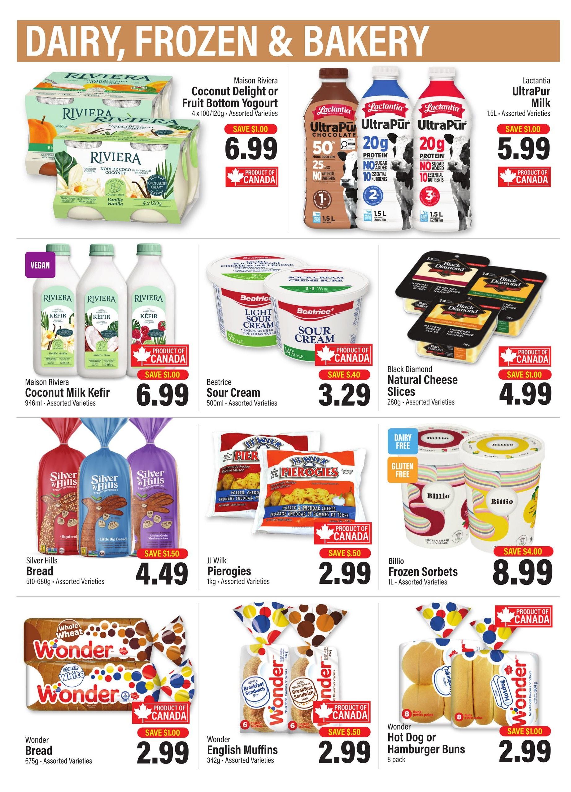Commisso's Fresh Foods weekly flyer specials page 9 features dairy, frozen, and bakery items. Highlights include Maison Riviera Coconut Delight or Fruit Bottom Yogurt at $6.99 with a $1.00 saving, and Lactantia UltraPur Milk for $5.99 with a $1.00 saving. Also featured are Maison Riviera Coconut Milk Kefir for $6.99, Beatrice Sour Cream for $3.29 with a $0.40 saving, and Black Diamond Natural Cheese Slices for $4.99 with a $1.00 saving. Bakery items include Silver Hills Bread for $4.49 with a $1.50 saving, J.J. Wilk Pierogies for $2.99, Billio Frozen Sorbets for $8.99 with a $4.00 saving, Wonder Bread for $2.99 with a $1.00 saving, Wonder English Muffins for $2.99 with a $0.50 saving, and Wonder Hot Dog or Hamburger Buns for $2.99 with a $1.00 saving.