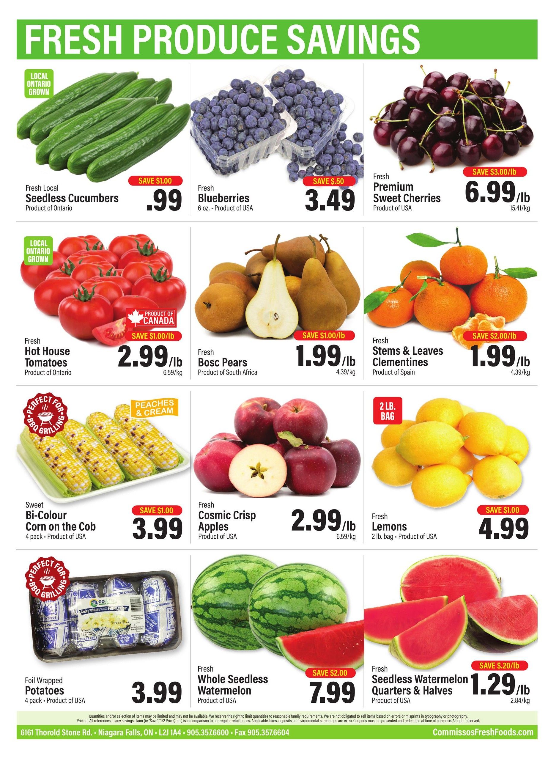 Commisso's Fresh Foods weekly flyer specials page 10 features fresh produce savings. Locally grown items include Fresh Local Seedless Cucumbers for $0.99, saving $1.00, and Fresh Hot House Tomatoes for $2.99/lb, saving $1.00/lb. Other featured produce includes Fresh Blueberries for $3.49, saving $0.50, and Fresh Premium Sweet Cherries for $6.99/lb, saving $3.00/lb. Also available are Fresh Bosc Pears for $1.99/lb, saving $1.00/lb, and Fresh Stems & Leaves Clementines for $1.99/lb, saving $2.00/lb. Sweet Bi-Colour Corn on the Cob (4 pack) is $3.99, saving $1.00. Fresh Cosmic Crisp Apples are $2.99/lb. Fresh Lemons (2 lb bag) are $4.99, saving $1.00. Fresh Whole Seedless Watermelon is $7.99, saving $2.00. Fresh Seedless Watermelon Quarters & Halves are $1.29/lb, saving $0.20/lb. Foil Wrapped Potatoes (4 pack) are $3.99.