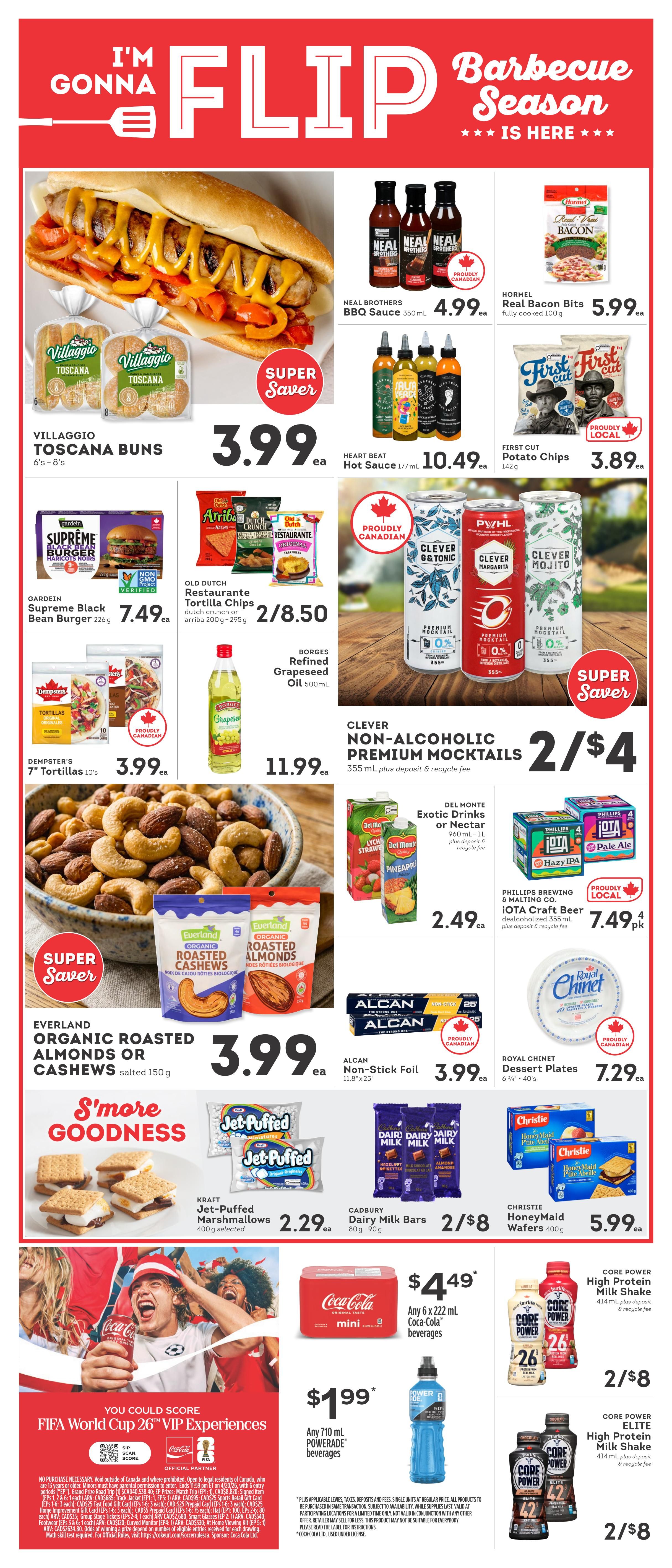 IGA British Columbia flyer page 3 features a 'I'm Gonna Flip Barbecue Season' theme. Highlights include Villaggio Toscana Buns for $3.99, Neal Brothers BBQ Sauce at $4.99, Hormel Real Bacon Bits for $5.99, and First Cut Potato Chips for $3.89. Also featured are Gardein Supreme Black Bean Burgers for $7.49, Old Dutch Restaurante Tortilla Chips 2 for $8.50, and Borges Refined Grapeseed Oil for $11.99. Clever Non-Alcoholic Premium Mocktails are 2 for $4. Everland Organic Roasted Almonds or Cashews are $3.99. Del Monte Exotic Drinks or Nectar are $2.49. Phillips Brewing & Malting Co. iOta Craft Beer is $7.49 per 4-pack. Alcan Non-Stick Foil is $3.99 and Royal Chinet Dessert Plates are $7.29. Kraft Jet-Puffed Marshmallows are $2.29. Cadbury Dairy Milk Bars are 2 for $8. Christie HoneyMaid Wafers are $5.99. Coca-Cola mini beverages (any 6 x 222 mL) are $4.49. Any 710 mL Powerade beverage is $1.99. Core Power High Protein Milk Shakes are 2 for $8 for both regular and Elite varieties. The page also promotes FIFA World Cup 2026 VIP Experiences.