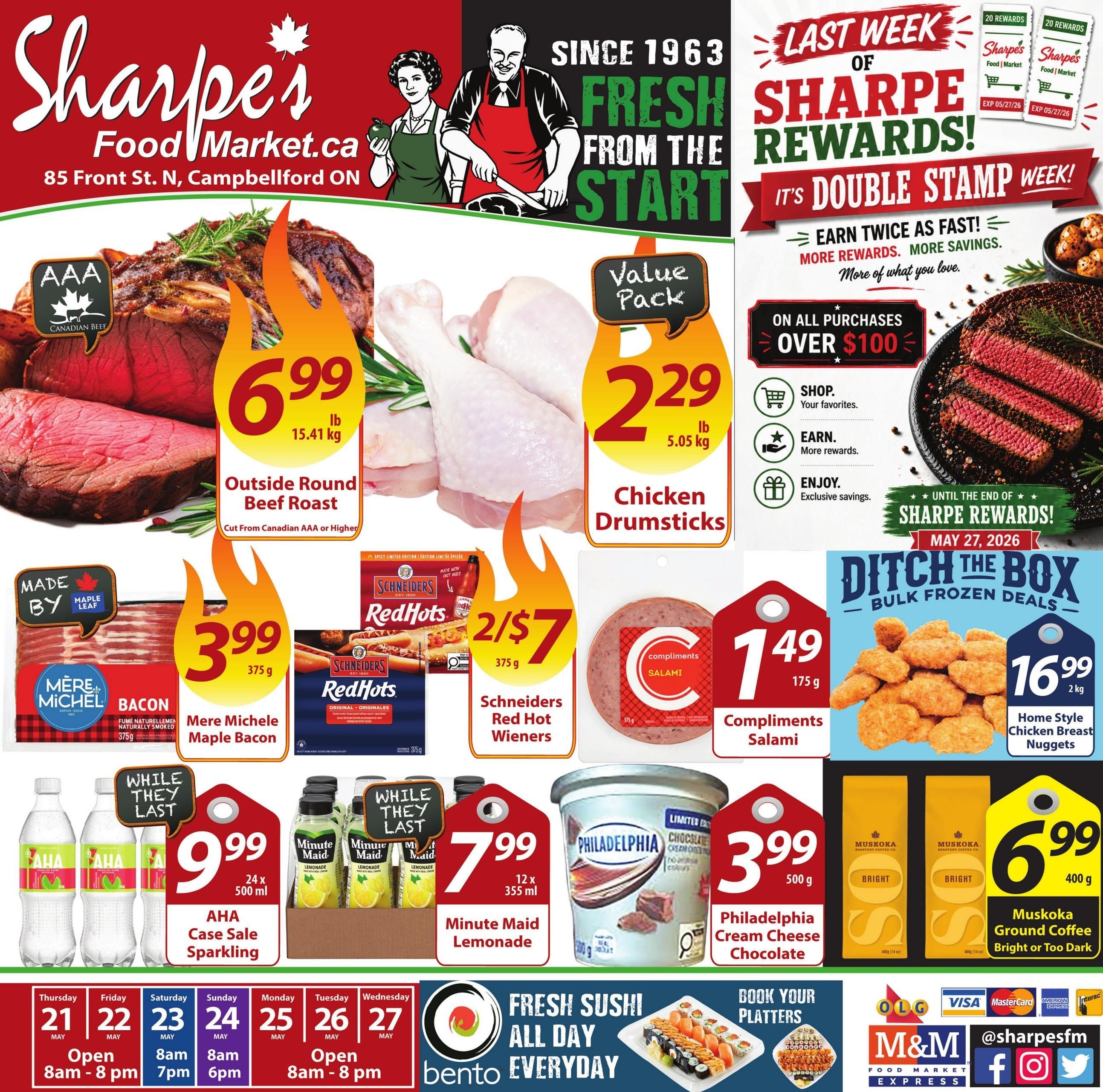 Sharpe's Food Market weekly flyer specials page 1. Featuring 'Last Week of Sharpe Rewards! It's Double Stamp Week!' with offers valid until May 27, 2026. Deals include Outside Round Beef Roast for $6.99/lb, Chicken Drumsticks for $2.29/lb, Mere Michele Maple Bacon for $3.99/375g, and Schneiders Red Hot Wieners for 2 for $7. Also available are Compliments Salami for $1.49/175g, Home Style Chicken Breast Nuggets for $16.99/2kg, AHA Case Sale Sparkling for $9.99/24 x 500ml, Minute Maid Lemonade for $7.99/12 x 355ml, Philadelphia Cream Cheese Chocolate for $3.99/500g, and Muskoka Ground Coffee (Bright or Too Dark) for $6.99/400g. The flyer also highlights 'Fresh Sushi All Day Everyday' from bento and 'Ditch the Box Bulk Frozen Deals'. Store hours and dates are displayed from Thursday, May 21 to Wednesday, May 27. Payment options include Interac, Visa, MasterCard, and American Express. Follow @sharpesfm on social media.