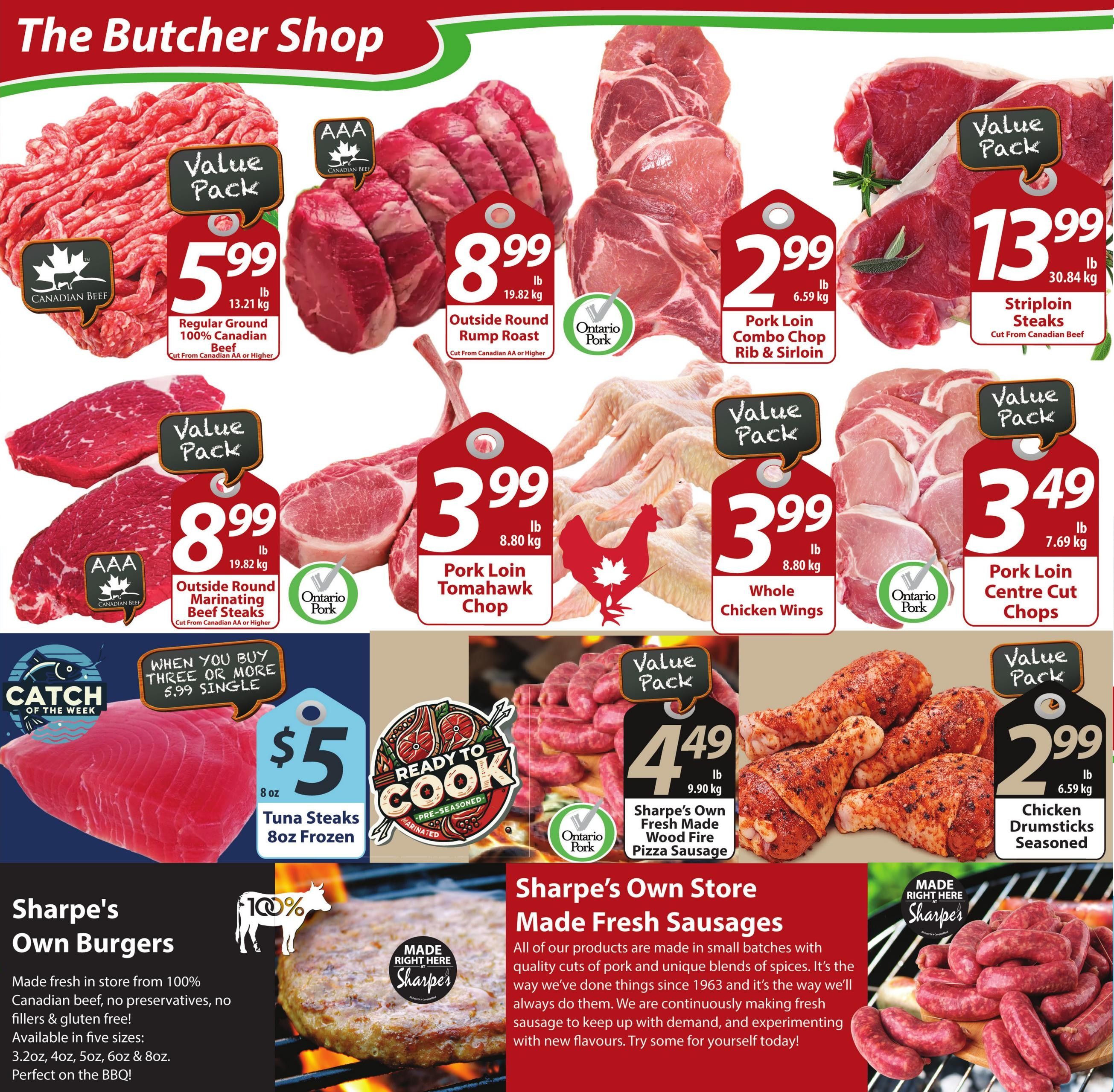 Sharpe's Food Market weekly flyer specials page 2, featuring 'The Butcher Shop' section. Highlights include Value Pack Regular Ground 100% Canadian Beef at $5.99/lb, AAA Outside Round Rump Roast at $8.99/lb, Pork Loin Combo Chop Rib & Sirloin at $2.99/lb, and Striploin Steaks at $13.99/lb. Also featured are Value Pack Outside Round Marinating Beef Steaks at $8.99/lb, Pork Loin Tomahawk Chop at $3.99/lb, Whole Chicken Wings at $3.99/lb, and Pork Loin Centre Cut Chops at $3.49/lb. The 'Catch of the Week' is Tuna Steaks 8oz Frozen for $5.00. Other specials include Value Pack Sharpe's Own Fresh Made Wood Fire Pizza Sausage at $4.49/lb and Value Pack Chicken Drumsticks Seasoned at $2.99/lb. The page also promotes Sharpe's Own Burgers, made fresh in store from 100% Canadian beef, available in five sizes, and Sharpe's Own Store Made Fresh Sausages, made in small batches since 1963.