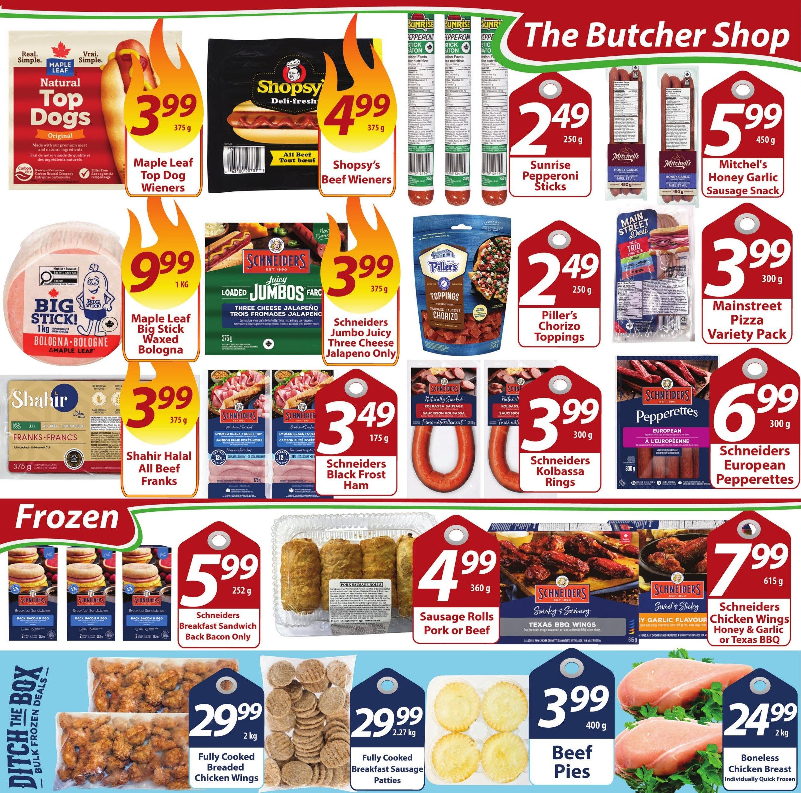 Sharpe's Food Market weekly flyer specials page 3, featuring a wide selection of meat products. Highlights include Maple Leaf Natural Top Dogs Original wieners for $3.99 (375g), Shopsy's Beef Wieners for $4.99 (375g), Sunrise Pepperoni Sticks for $2.49 (250g), and Mitchel's Honey Garlic Sausage Snack for $5.99 (450g). Also featured are Maple Leaf Big Stick Waxed Bologna for $9.99 (1kg), Schineiders Jumbo Juicy Three Cheese Jalapeno wieners for $3.99 (375g), Piller's Chorizo Toppings for $2.49 (250g), and Main Street Deli Pizza Trio Pork Pizza for $3.99 (300g). Under the 'Frozen' section, find Schineiders Breakfast Sandwich Back Bacon Only for $5.99 (252g), Sausage Rolls Pork or Beef for $4.99 (360g), Schineiders Chicken Wings Honey & Garlic or Texas BBQ for $7.99 (615g). Additionally, there are deals on Fully Cooked Breaded Chicken Wings for $29.99 (2kg), Fully Cooked Breakfast Sausage Patties for $29.99 (2.27kg), Beef Pies for $3.99 (400g), and Boneless Chicken Breast Individually Quick Frozen for $24.99 (2kg). Other featured products include Shahir Halal All Beef Franks for $3.99 (375g), Schineiders Black Frost Ham for $3.49 (175g), Schineiders Kolbassa Rings for $3.99 (300g), and Schineiders European Pepperettes for $6.99 (300g).