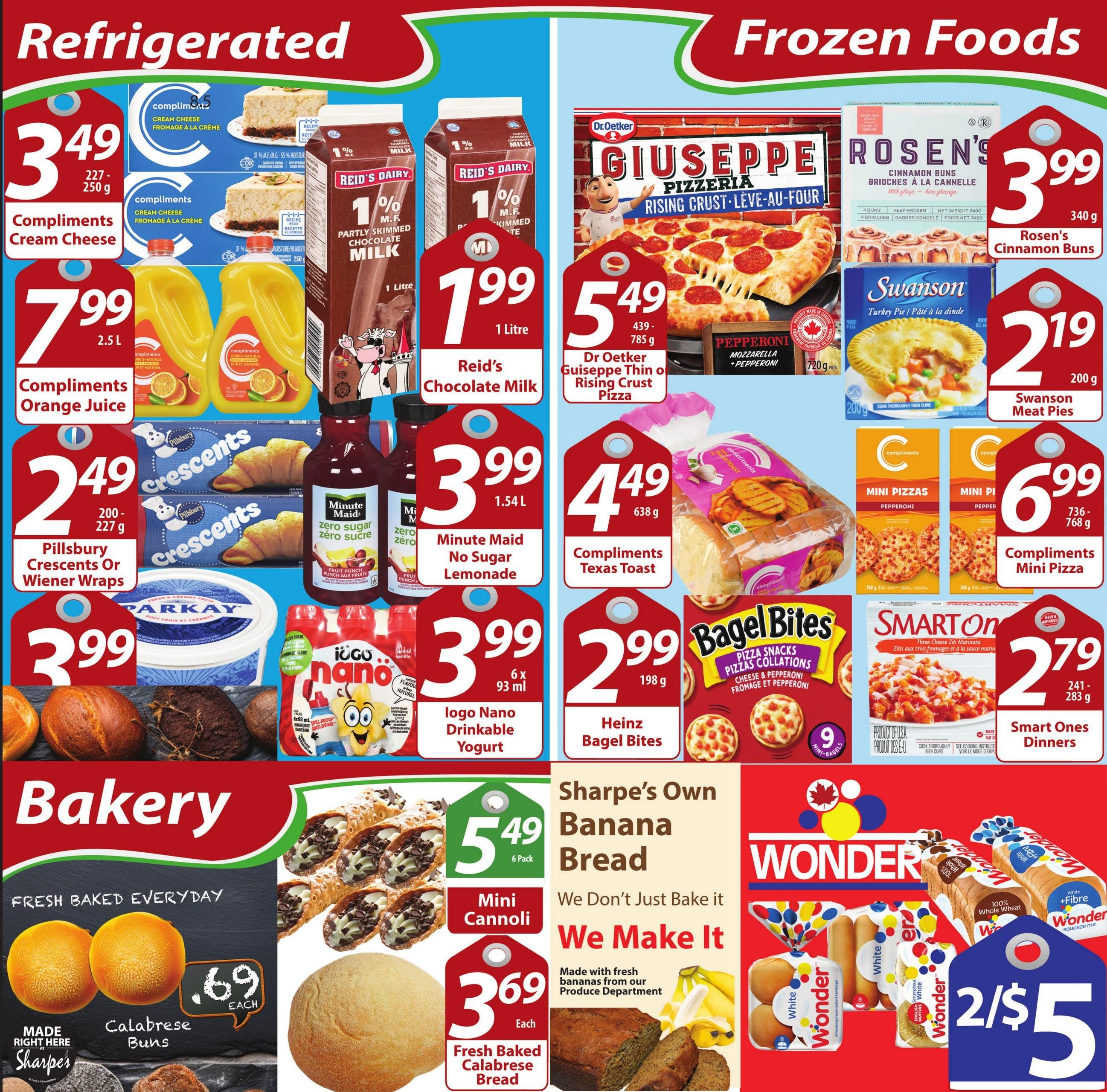Sharpe's Food Market weekly flyer specials page 6 features refrigerated and frozen food deals. Refrigerated items include Compliments Cream Cheese for $3.49 (227-250g), Compliments Orange Juice for $7.99 (2.5L), Pillsbury Crescents or Wiener Wraps for $2.49 (200-227g), Reid's Dairy 1% Partly Skimmed Chocolate Milk for $1.99 (1L), Minute Maid No Sugar Lemonade for $3.99 (1.54L), and Iogo Nano Drinkable Yogurt for $3.99 (6 x 93ml). Frozen foods include Dr Oetker Giuseppe Thin or Rising Crust Pizza for $5.49 (439-785g), Rosen's Cinnamon Buns for $3.99 (340g), Swanson Meat Pies for $2.19 (200g), Compliments Texas Toast for $4.49 (638g), Heinz Bagel Bites for $2.99 (198g), Compliments Mini Pizza for $6.99 (736-768g), and Smart Ones Dinners for $2.79 (241-283g). The bakery section offers Mini Cannoli for $5.49 (6 pack), Calabrese Buns for $0.69 each, Fresh Baked Calabrese Bread for $3.69 each, and Sharpe's Own Banana Bread. Wonder bread products are featured with a 2 for $5 deal on various types including White, 100% Whole Wheat, and White + Fibre.