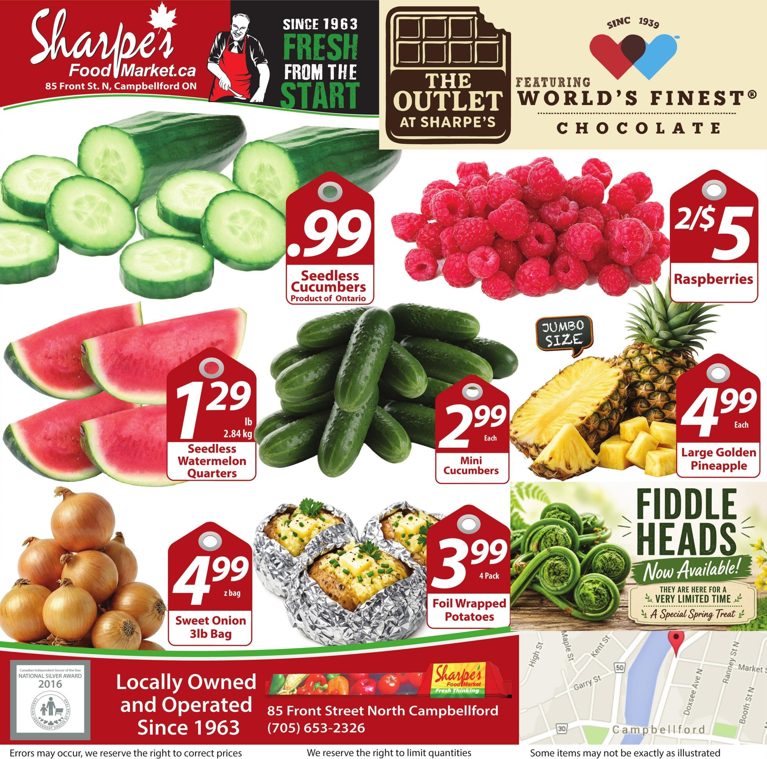 Sharpe's Food Market weekly flyer specials page 8. Featuring fresh produce and treats. Seedless cucumbers are priced at $0.99. Seedless watermelon quarters are $1.29 per lb (2.84 kg). Mini cucumbers are $2.99 each. Raspberries are 2 for $5. Large golden pineapples are $4.99 each. Sweet onions are $4.99 for a 3lb bag. Foil-wrapped potatoes are $3.99 for a 4-pack. Fiddle heads are now available for a limited time as a special spring treat. The flyer also highlights Sharpe's Food Market's 'The Outlet at Sharpe's' featuring World's Finest Chocolate, and notes they have been locally owned and operated since 1963 at 85 Front Street North, Campbellford, ON, (705) 653-2326.