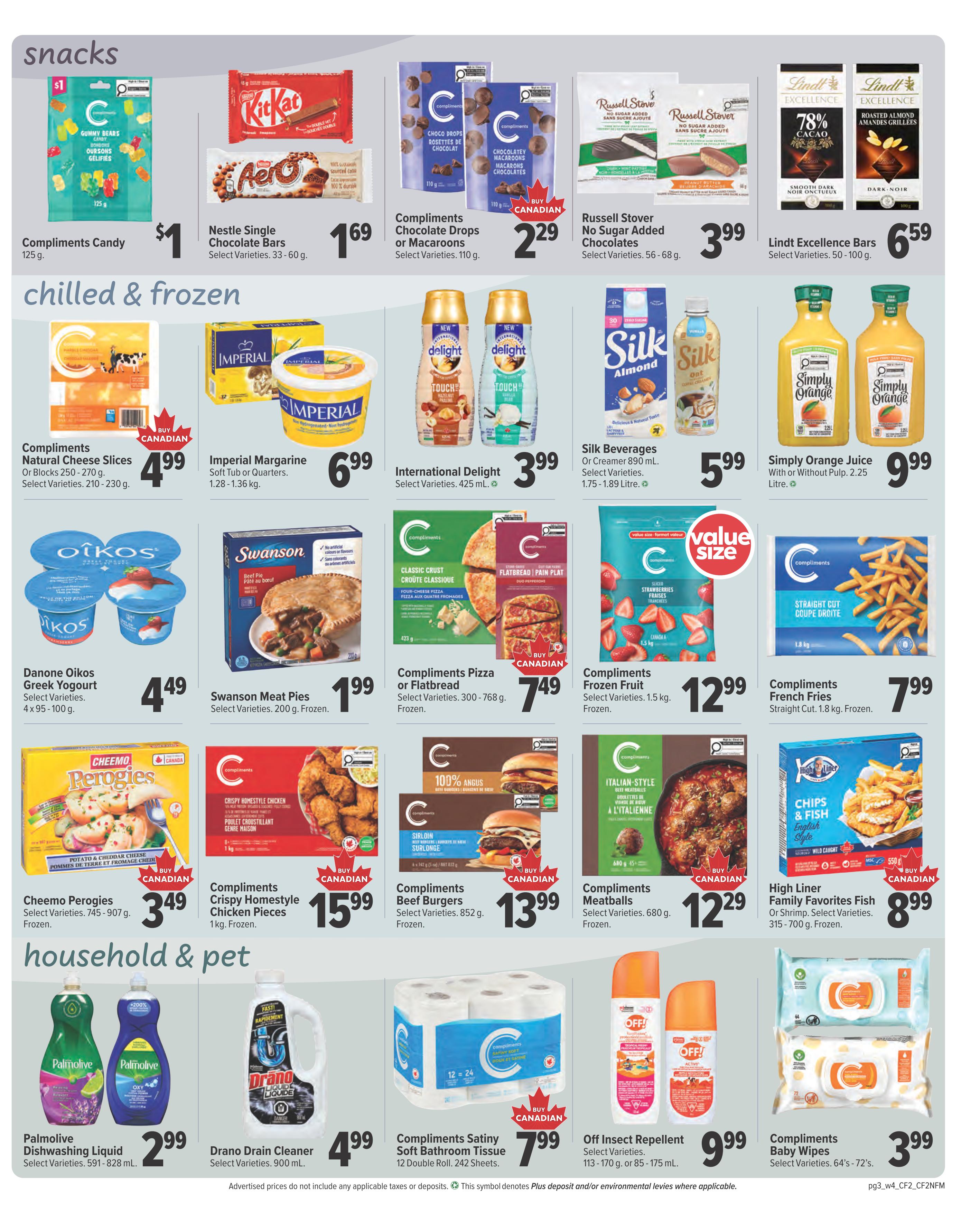 Bidgood's weekly flyer specials page 3 features snacks, chilled & frozen, and household & pet items. Snacks include Compliments Candy for $1, Nestle Single Chocolate Bars for $1.69, Compliments Chocolate Drops or Macaroons for $2.29, Russell Stover No Sugar Added Chocolates for $3.99, and Lindt Excellence Bars for $6.59. Chilled & frozen items on sale are Compliments Natural Cheese Slices or Blocks for $4.99, Imperial Margarine for $6.99, International Delight Creamer for $3.99, Silk Beverages for $5.99, Simply Orange Juice for $9.99, Danone Oikos Greek Yogurt for $4.49, Swanson Meat Pies for $1.99, Compliments Pizza or Flatbread for $7.49, Compliments Frozen Fruit for $12.99, Compliments French Fries for $7.99, Cheemo Perogies for $3.49, Compliments Crispy Homestyle Chicken Pieces for $15.99, Compliments Beef Burgers for $13.99, Compliments Meatballs for $12.29, and High Liner Family Favorites Fish for $8.99. Household & pet items include Palmolive Dishwashing Liquid for $2.99, Drano Drain Cleaner for $4.99, Compliments Satiny Soft Bathroom Tissue for $7.99, Off Insect Repellent for $9.99, and Compliments Baby Wipes for $3.99.