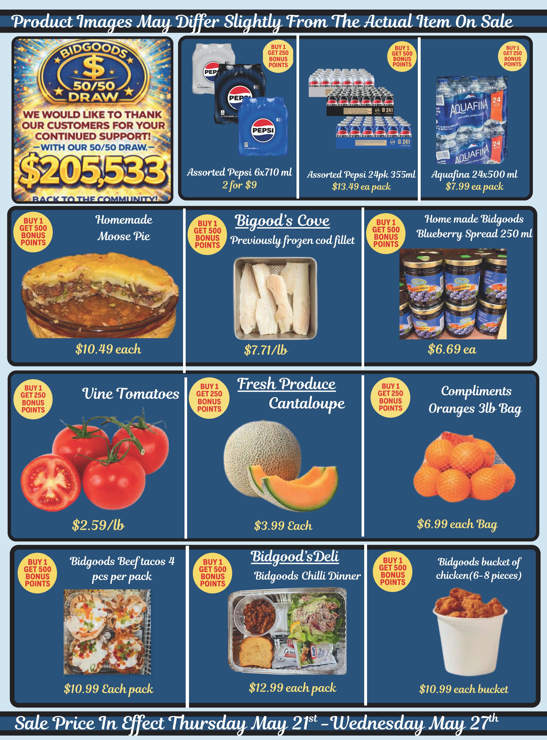 Bidgood's weekly flyer specials page 6 features a $50/50 draw with a grand prize of $205,533. Featured products include Assorted Pepsi 6x710 ml for 2 for $9, Assorted Pepsi 24pk 355ml for $13.49 each pack, and Aquafina 24x500 ml for $7.99 each pack. Also available are Homemade Moose Pie for $10.49 each, Biggood's Cove Previously frozen cod fillet for $7.71/lb, and Home made Bidgoods Blueberry Spread 250 ml for $6.69 each. Produce includes Vine Tomatoes for $2.59/lb and Fresh Produce Cantaloupe for $3.99 each. Compliments Oranges 3lb Bag are $6.99 each bag. Deli items include Bidgoods Beef tacos 4 pcs per pack for $10.99 each pack, Bidgood's Deli Bidgoods Chilli Dinner for $12.99 each pack, and Bidgoods bucket of chicken (6-8 pieces) for $10.99 each bucket. All sale prices are effective Thursday May 21st to Wednesday May 27th. Some products may differ slightly from the actual item on sale. Buy 1 get 250 bonus points on select items and buy 1 get 500 bonus points on other select items.