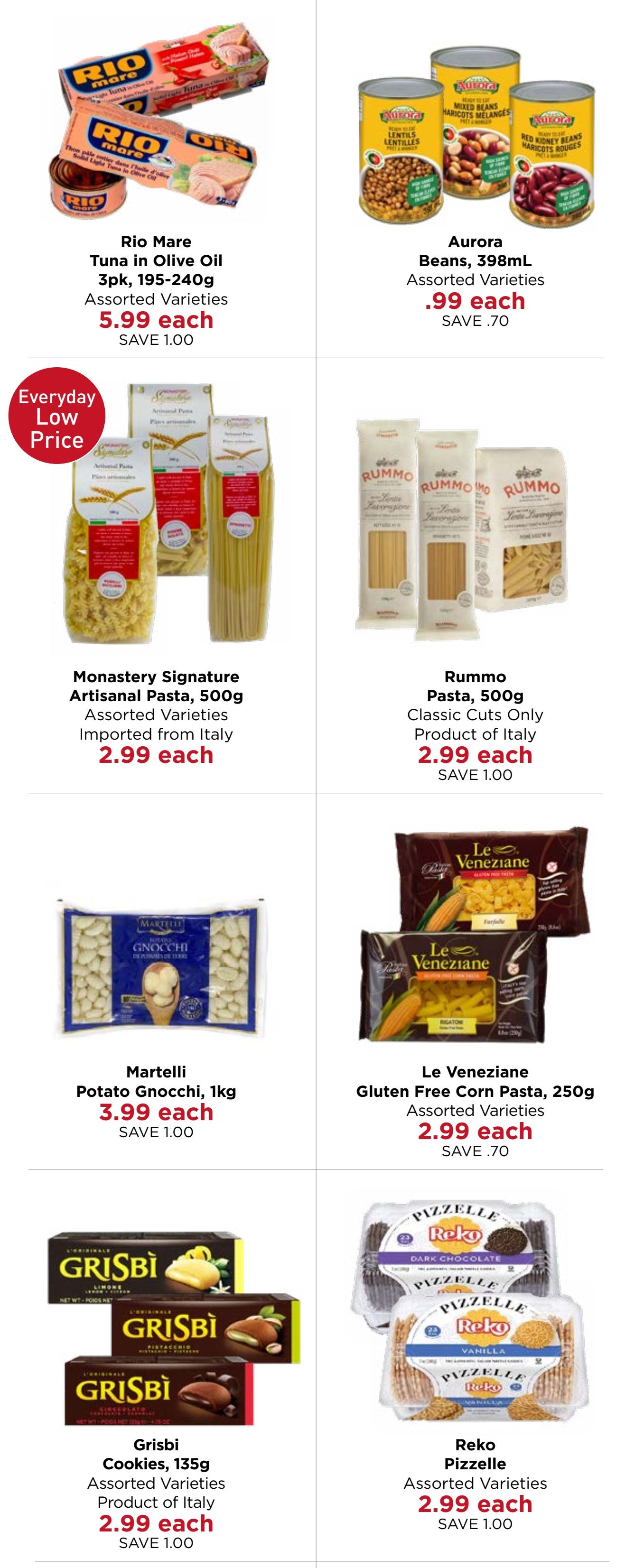 Monastery Bakery & Delicatessen flyer specials page 4. Featured products include Rio Mare Tuna in Olive Oil, 3pk, 195-240g, assorted varieties for $5.99 each, saving $1.00. Aurora Beans, 398mL, assorted varieties are $0.99 each, saving $0.70. Monastery Signature Artisanal Pasta, 500g, assorted varieties imported from Italy are $2.99 each. Rummo Pasta, 500g, classic cuts only, product of Italy, is $2.99 each, saving $1.00. Martelli Potato Gnocchi, 1kg, is $3.99 each, saving $1.00. Le Veneziane Gluten Free Corn Pasta, 250g, assorted varieties, is $2.99 each, saving $0.70. Grisbi Cookies, 135g, assorted varieties, product of Italy, are $2.99 each, saving $1.00. Reko Pizzelle, assorted varieties, are $2.99 each, saving $1.00.