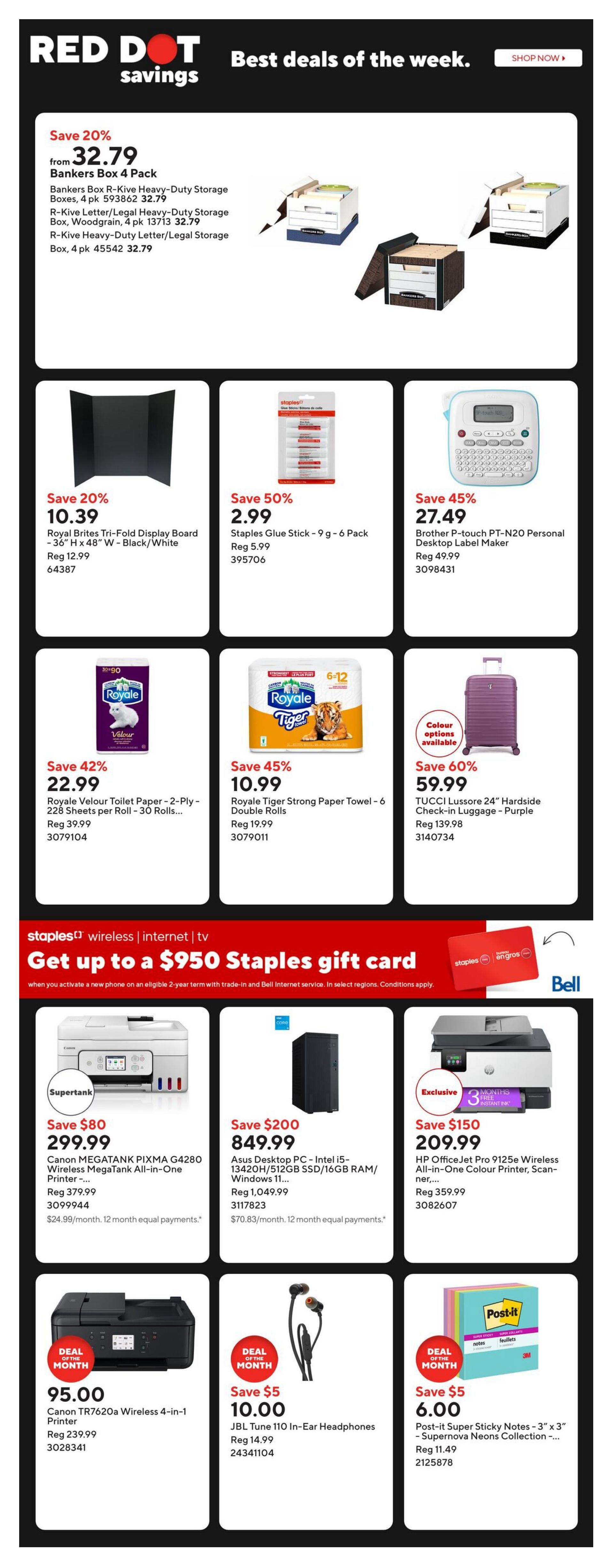 Staples Weekly Flyer Specials Page 2: Save 20% on Bankers Box R-Kive Heavy-Duty Storage Boxes, starting at $32.79. Also featured are Royal Brites Tri-Fold Display Boards for $10.39 (save 20%), Staples Glue Stick 9g - 6 Pack for $2.99 (save 50%), and Brother P-touch PT-N20 Personal Desktop Label Maker for $27.49 (save 45%). Other deals include Royale Velour Toilet Paper - 2-Ply, 228 Sheets per Roll - 30 Rolls for $22.99 (save 42%), Royale Tiger Strong Paper Towel - 6 Double Rolls for $10.99 (save 45%), and TUCCI Lussore 24' Hardside Check-in Luggage - Purple for $59.99 (save 60%). The flyer also promotes a 'Get up to a $950 Staples gift card' offer with new phone activation and Bell Internet service. Additionally, see deals on a Canon MEGATANK PIXMA G4280 Wireless MegaTank All-in-One Printer for $299.99 (save $80), Asus Desktop PC - Intel i5-13420H/512GB SSD/16GB RAM/Windows 11 for $849.99 (save $200), HP OfficeJet Pro 9125e Wireless All-in-One Colour Printer, Scanner, etc. for $209.99 (save $150), Canon TR7620a Wireless 4-in-1 Printer for $95.00 (Deal of the Month), JBL Tune 110 In-Ear Headphones for $10.00 (save $5, Deal of the Month), and Post-it Super Sticky Notes - 3' x 3' - Supernova Neons Collection for $6.00 (save $5, Deal of the Month).