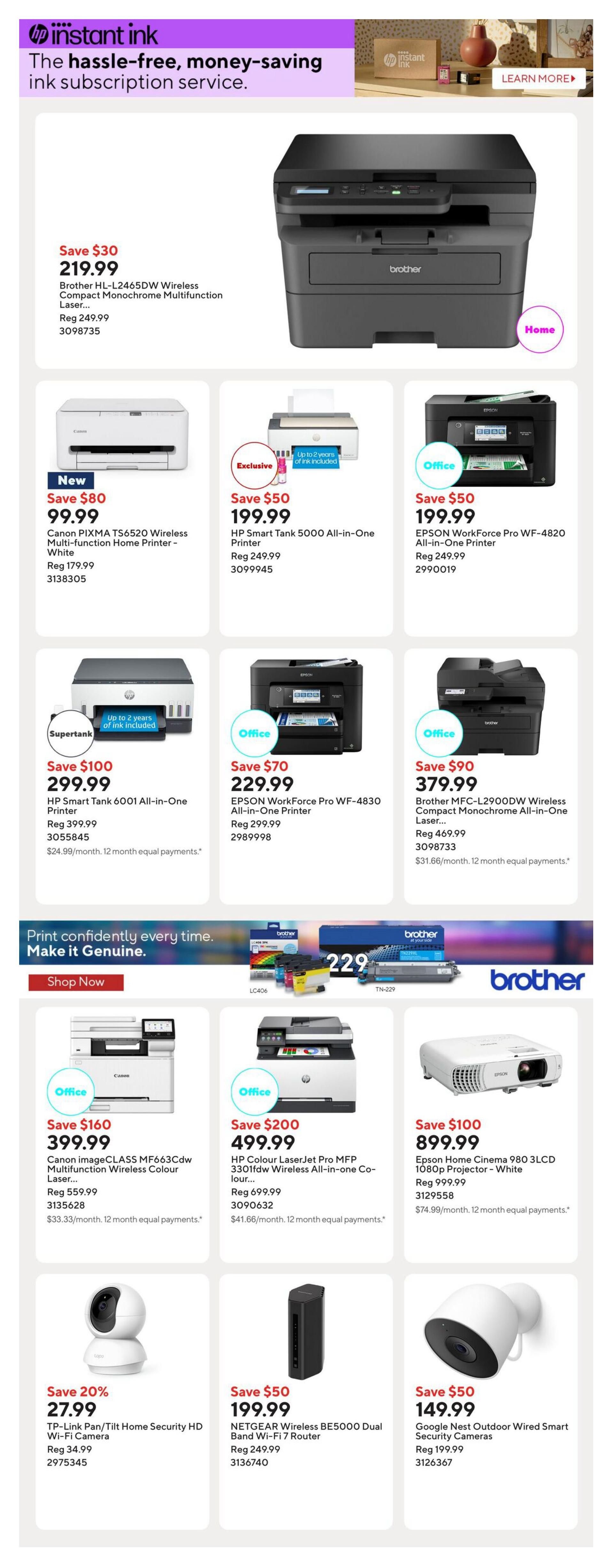 Staples Weekly Flyer Specials Page 8 features a promotion for HP Instant Ink, a hassle-free, money-saving ink subscription service. Featured printers include the Brother HL-L2465DW Wireless Compact Monochrome Multifunction Laser printer on sale for $219.99 (save $30). Other deals include the Canon PIXMA TS6520 Wireless Multi-function Home Printer in white for $99.99 (save $80), HP Smart Tank 5000 All-in-One Printer for $199.99 (save $50), EPSON WorkForce Pro WF-4820 All-in-One Printer for $199.99 (save $50), HP Smart Tank 6001 All-in-One Printer for $299.99 (save $100), and EPSON WorkForce Pro WF-4830 All-in-One Printer for $229.99 (save $70). Also available are the Canon imageCLASS MF663Cdw Multifunction Colour Laser printer for $399.99 (save $160), HP Colour LaserJet Pro MFP 3301fdw Wireless All-in-one Colour Laser printer for $499.99 (save $200), Epson Home Cinema 980 3LCD 1080p Projector - White for $899.99 (save $100), TP-Link Pan/Tilt Home Security HD Wi-Fi Camera for $27.99 (save $7), NETGEAR Wireless BE5000 Dual Band Wi-Fi 7 Router for $199.99 (save $50), and Google Nest Outdoor Wired Smart Security Cameras for $149.99 (save $50).