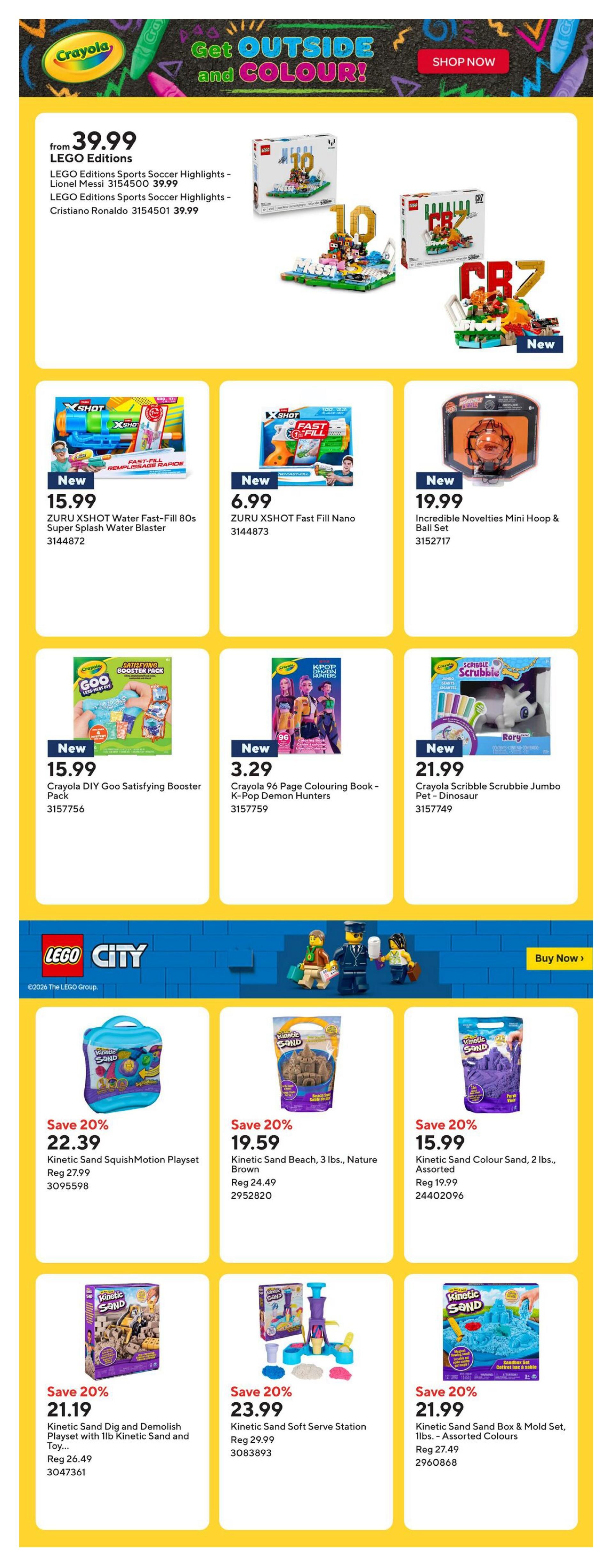 Staples Weekly Flyer Specials Page 13 features 'Get Outside and Colour!' with Crayola products. Featured are LEGO Editions Sports Soccer Highlights sets for Lionel Messi and Cristiano Ronaldo, priced from $39.99. Also available are ZURU XSHOT Water Blasters, including the Fast-Fill 80s Super Splash Water Blaster for $15.99 and the Fast Fill Nano for $6.99. Other Crayola items include the DIY Goo Satisfying Booster Pack for $15.99 and a 96-page Colouring Book - K-Pop Demon Hunters for $3.29. An Incredible Novelties Mini Hoop & Ball Set is $19.99. The LEGO City section highlights 'Buy Now' options. Below, Kinetic Sand products are on sale with 20% off. These include the Kinetic Sand SquishMotion Playset for $22.39 (Reg $27.99), Kinetic Sand Beach, 3 lbs., Nature Brown for $19.59 (Reg $24.49), Kinetic Sand Colour Sand, 2 lbs., Assorted for $15.99 (Reg $19.99), Kinetic Sand Dig and Demolish Playset with 1lb Kinetic Sand and Toy for $21.19 (Reg $26.49), Kinetic Sand Soft Serve Station for $23.99 (Reg $29.99), and Kinetic Sand Box & Mold Set, 1lbs - Assorted Colours for $21.99 (Reg $27.49).