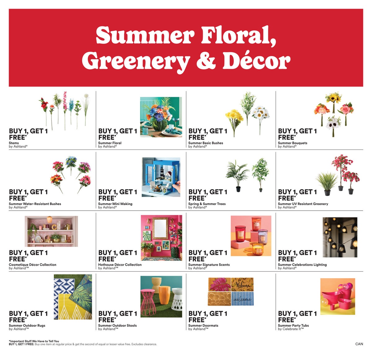 Michaels flyer page 3 features 'Summer Floral, Greenery & Décor' with a 'Buy 1, Get 1 Free' offer on various items by Ashland. Featured products include Stems, Summer Floral arrangements, Summer Basic Bushes, Summer Bouquets, Summer Water-Resistant Bushes, Summer Mini Making items, Spring & Summer Trees, and Summer UV Resistant Greenery. Also available are 'Buy 1, Get 1 Free' deals on Cosmétique Décor Collection, Hothouse Décor Collection, Summer Signature Scents, and Summer Celebrations Lighting. Additionally, find 'Buy 1, Get 1 Free' offers on Summer Outdoor Rugs, Summer Outdoor Stools, Summer Doormats, and Summer Party Tubs by Celebrate It. The offer states 'Important Stuff We Have to Tell You': Buy 1, Get 1 FREE on your regular price & get the second of equal or lesser value free. Excludes clearance.
