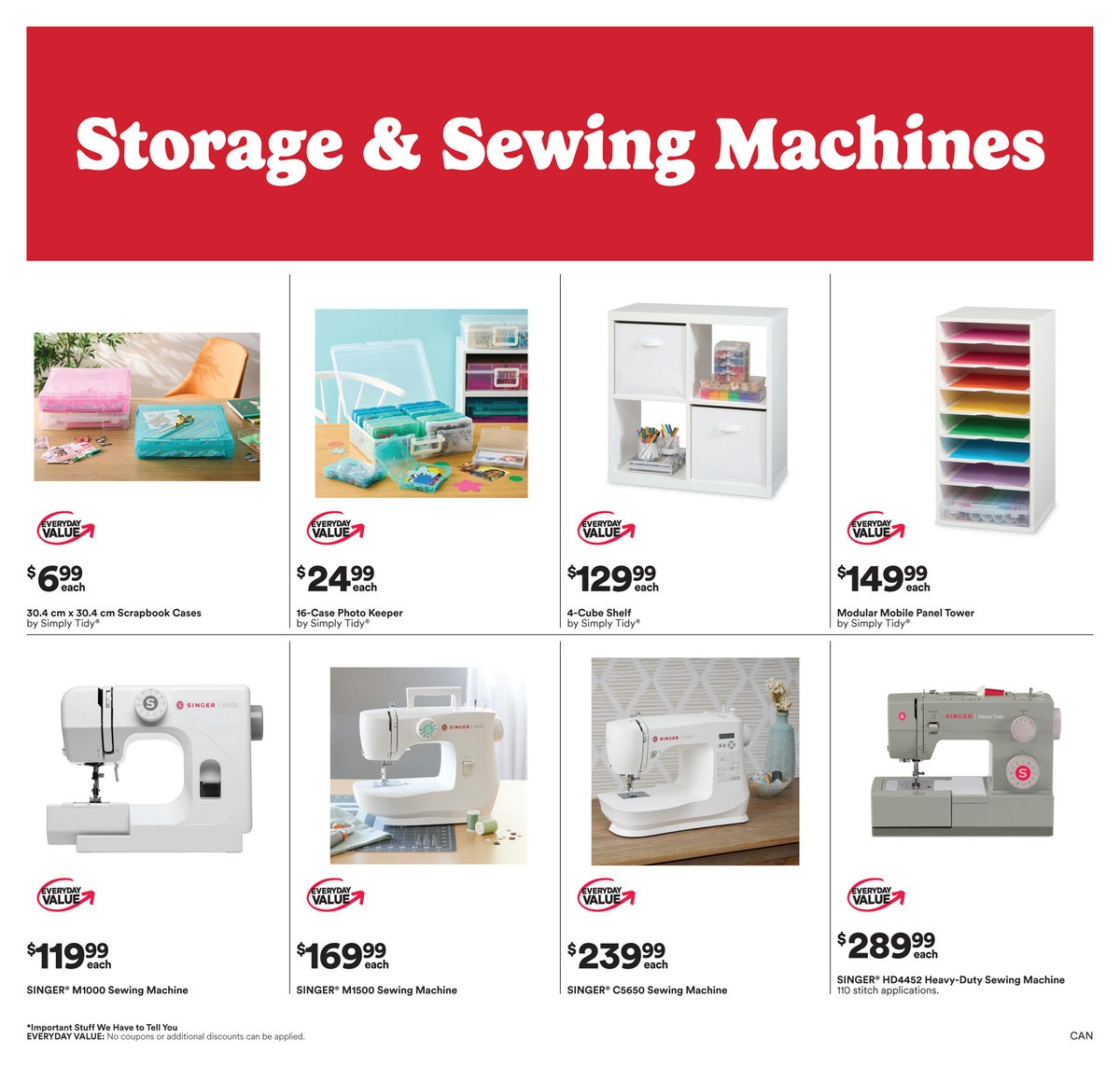 Michaels flyer page 5 featuring storage solutions and sewing machines. Storage items include 30.4 cm x 30.4 cm Scrapbook Cases by Simply Tidy for $6.99 each, a 16-Case Photo Keeper by Simply Tidy for $24.99 each, a 4-Cube Shelf by Simply Tidy for $129.99 each, and a Modular Mobile Panel Tower for $149.99 each. Sewing machines available are the SINGER M1000 Sewing Machine for $119.99 each, the SINGER M1500 Sewing Machine for $169.99 each, the SINGER C5650 Sewing Machine for $239.99 each, and the SINGER HD4452 Heavy-Duty Sewing Machine with 110 stitch applications for $289.99 each. Important note: No coupons or additional discounts can be applied to these everyday value prices.
