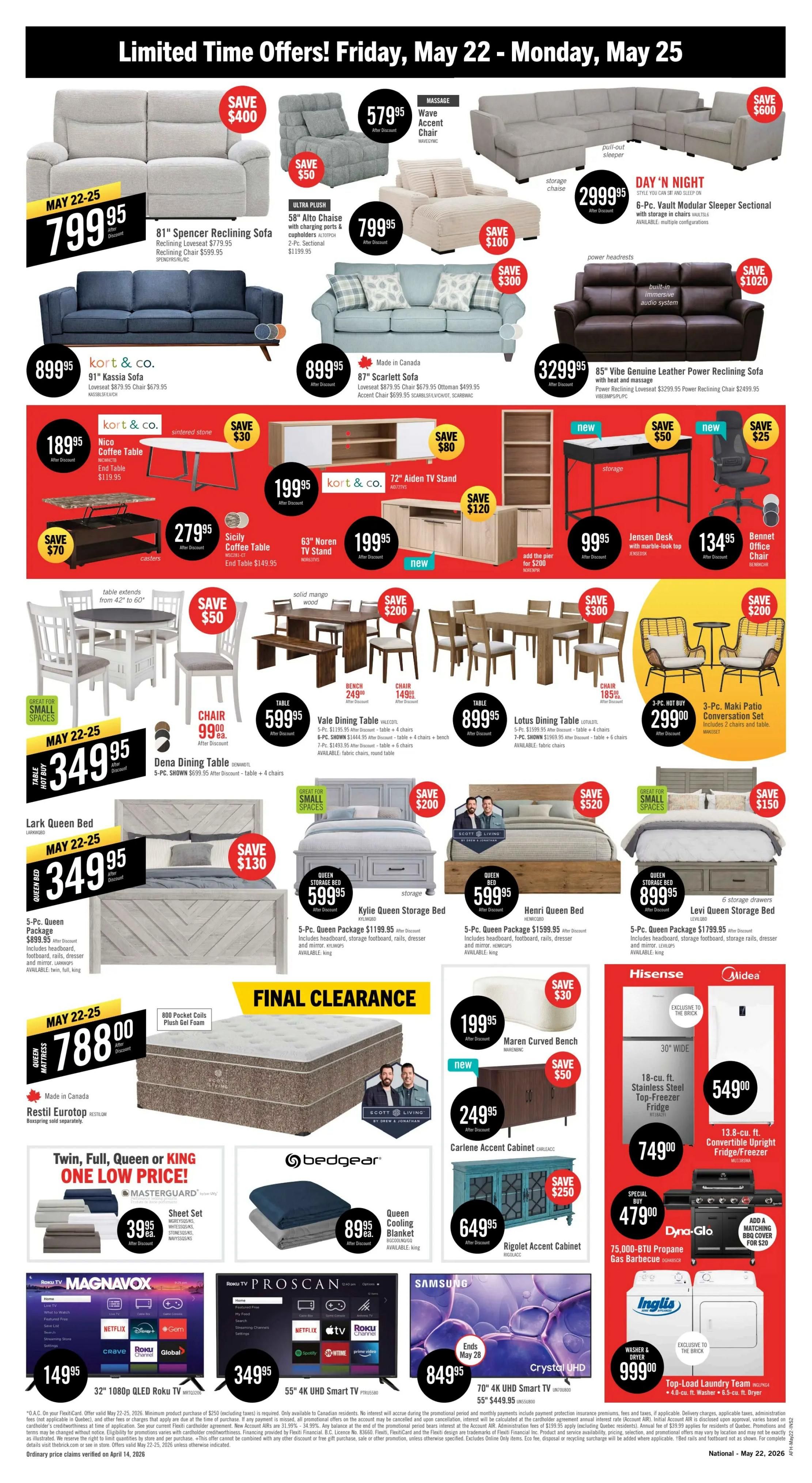The Brick flyer page 3 featuring 'The Big One' sale from May 22 to June 4, 2026. Introducing Shaquille O'Neal Home featuring Shaq-O-Pedic Comfort. Featured 4-Day Deals include The Titan 91' Premium Leather Power Reclining Sofa for $1999.95, The Prestige 6-Pc. Modular Power Reclining Sectional for $2999.95, and The Legacy 6-Pc. Modular Immersive Entertainment Sectional for $3999.95. Also available is the Delux Premium Leather Massage Recliner for $1699.95. Enter for your chance to win a life-size Shaq photo. Save 40% on select dining tables when you buy 4 matching chairs, including the Rain Dining Table for $287.99. Save 50% on beds, featuring the Venetto Eurotop Queen Mattress for $399.95 and the Dante Queen Bed for $499.99 when you buy 3 matching pieces. The 3-Pc. Brianna Queen Comforter Set is $99.95. New items include the 4-Pc. Tuscany Patio Conversation Set for $999.00 hot buy and the Lenore Coffee Table for $339.95. Hisense, an official sponsor, offers a 65' Mini LED QLED Smart Fire TV for $699.95 and a 440 Watt 3.1.2 Channel Soundbar & Wireless Subwoofer for $399.95. A 17-cu. ft. Counter-Depth Bottom-Freezer Fridge is $899.00. Get it now with 36 equal monthly payments and finance with 0% interest.