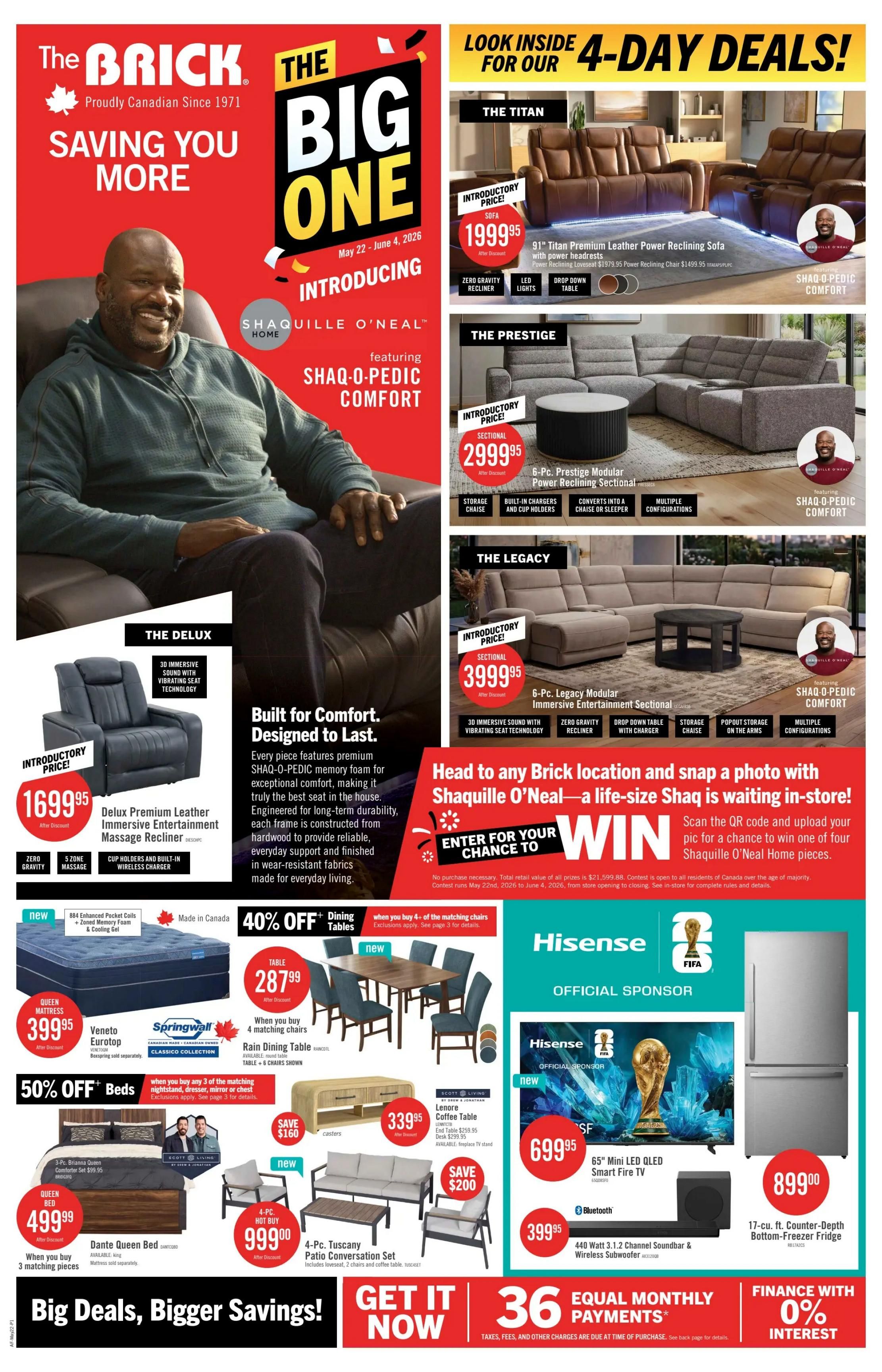The Brick Limited Time Offers flyer, valid May 22-25. Get a $50 instant credit towards a soundbar with the purchase of any TV 65' or larger. Featured is a 24' 720p Roku TV for $99.95. Final Clearance on a Springwall Classico Collection Písa III Eurotop Queen Mattress for $388.00, made in Canada. Day 'n Night style sectional sofa, the 2-Pc. Eden Sleeper Sectional, is $799.95 with $700 savings. Also available is a Queen Storage Bed by Oakley for $399.95. For small spaces, a 5-Pc. Devon Dining Package is on sale for $495.95 with $100 savings. Free local delivery on any 2+ Select Major Appliances, including the Midea Front-Control Dishwasher for $379.00. The Big One 4-Day Sale runs May 22-25, 2026, offering 4 years to pay with 0% interest.