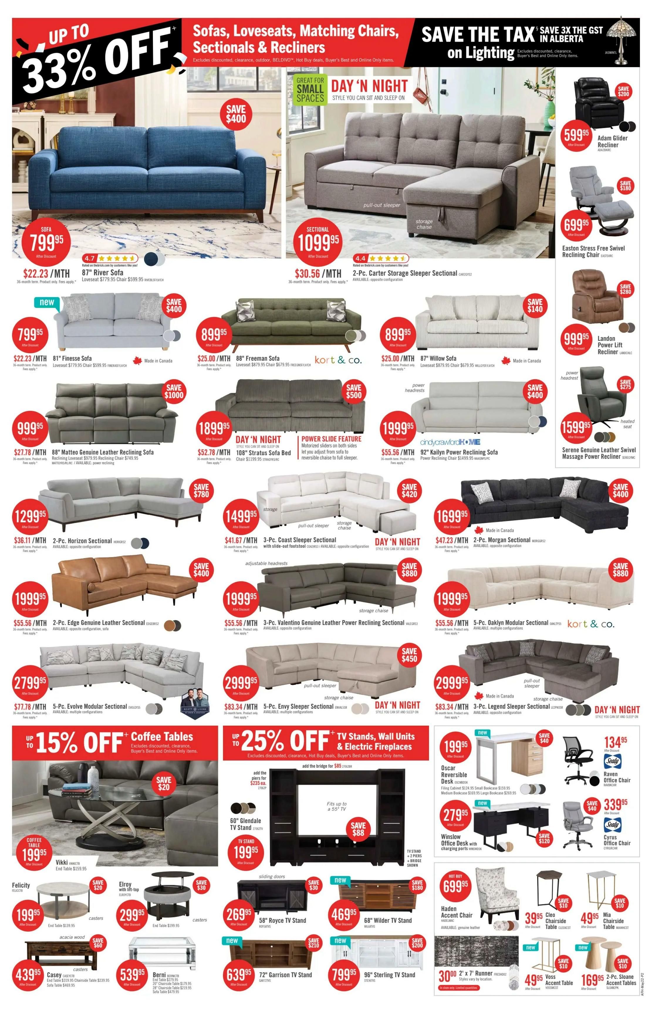 The Brick flyer page 5 features sofas, loveseats, sectionals, and recliners with up to 33% off. Featured items include the 87' River Sofa for $799.95, the 2-Pc. Carter Storage Sleeper Sectional for $1099.95, and the 88' Matteo Genuine Leather Reclining Sofa for $999.95. Also on sale is the 3-Pc. Coast Sleeper Sectional for $1499.95 and the 5-Pc. Evolve Modular Sectional for $2799.95. The flyer also highlights 'Save the Tax' on lighting. Additionally, there are discounts of up to 15% off coffee tables, including the Vikki Coffee Table for $199.95, and up to 25% off TV stands, wall units, and electric fireplaces, such as the 60' Glendale TV Stand for $199.95 and the 72' Garrison TV Stand for $639.95. Other furniture includes the 87' Willow Sofa for $899.95, the 92' Kailyn Power Reclining Sofa for $1999.95, and various accent chairs and tables.