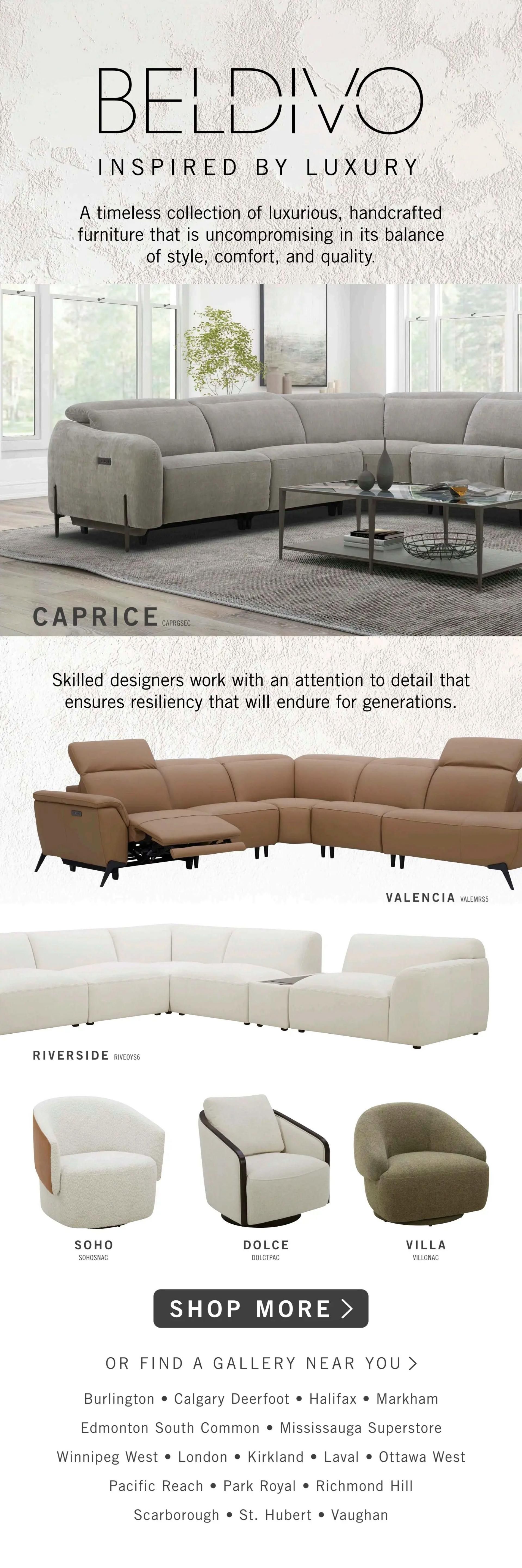 The Brick flyer page 6 showcases the Beldivo collection of luxurious, handcrafted furniture. Featured items include the Caprice sectional sofa in a light grey fabric, the Valencia sectional sofa in a tan leather with reclining features, and the Riverside sectional sofa in white. Also displayed are the Soho armchair in white boucle with brown accents, the Dolce armchair in cream with dark wood trim, and the Villa armchair in olive green boucle. A 'Shop More' button is visible, followed by a list of The Brick gallery locations across Canada, including Burlington, Calgary Deerfoot, Halifax, Markham, Edmonton South Common, Mississauga Superstore, Winnipeg West, London, Kirkland, Laval, Ottawa West, Pacific Reach, Park Royal, Richmond Hill, Scarborough, St. Hubert, and Vaughan.