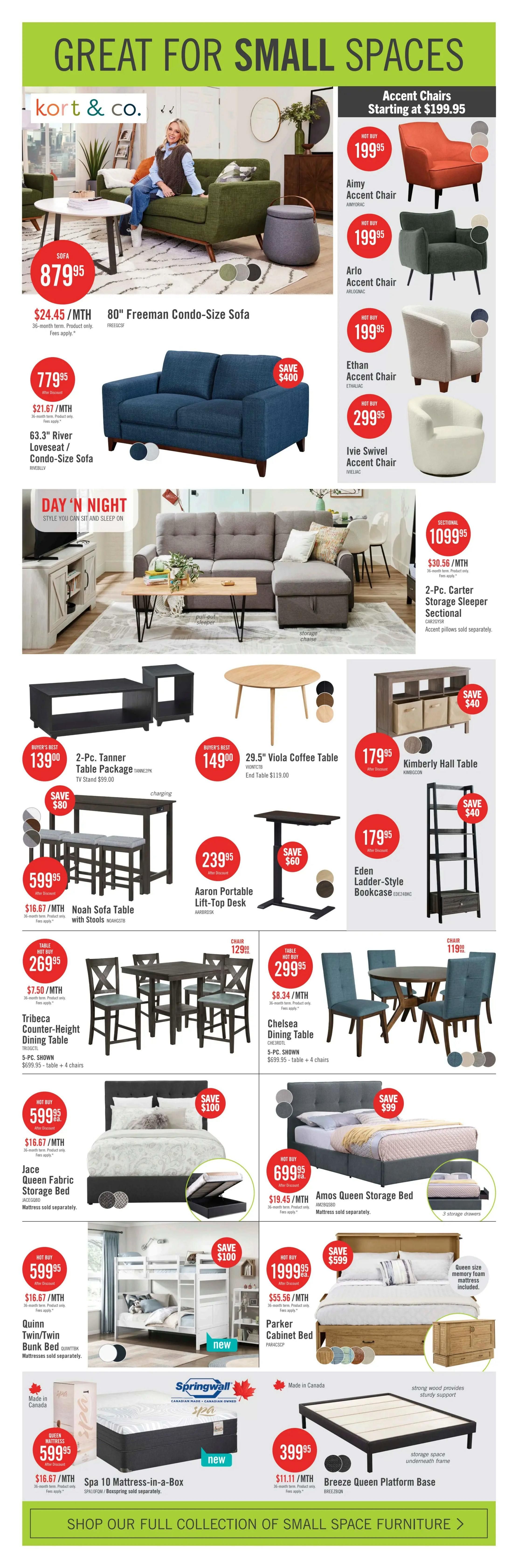 The Brick flyer page 7, featuring 'Great for Small Spaces' furniture. Highlights include the 80' Freeman Condo-Size Sofa for $879.95 ($24.45/MTH), the 63.3' River Loveseat/Condo-Size Sofa for $779.95 ($21.67/MTH) with a $400 saving, and a 2-Pc. Carter Storage Sleeper Sectional for $1099.95 ($30.56/MTH). Accent chairs start at $199.95, with the Aimy, Arlo, and Ethan models available. Also featured are the 2-Pc. Tanner Table Package for $1399.00, the 29.5' Viola Coffee Table for $1499.00, the Kimberly Hall Table for $179.95, and the Eden Ladder-Style Bookcase for $179.95. Dining sets include the Tribeca Counter-Height Dining Table for $269.95 ($7.50/MTH) and the Chelsea Dining Table for $299.95 ($8.34/MTH). Bedroom furniture includes the Jace Queen Fabric Storage Bed for $599.95 ($16.67/MTH) with a $100 saving, the Amos Queen Storage Bed for $699.95 ($19.45/MTH) with a $99 saving, the Quinn Twin/Twin Bunk Bed for $599.95 ($16.67/MTH) with a $100 saving, the Parker Cabinet Bed for $1999.95 ($55.56/MTH) with a $599 saving, the Springwall Spa 10 Mattress-in-a-Box Queen for $599.95 ($16.67/MTH), and the Breeze Queen Platform Base for $399.95 ($11.11/MTH).